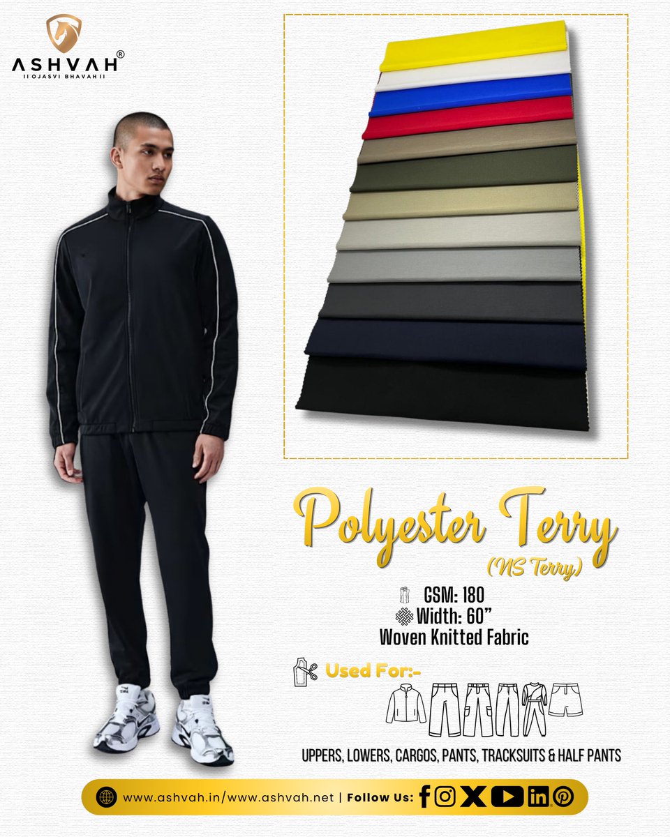 AshvahF's tweet photo. Experience versatile comfort and durability with our 180 GSM Polyester Terry Fabric. Its soft loopback and breathable nature make it ideal for crafting comfortable Uppers, stylish Lowers, practical Cargos, everyday Pants, sporty Tracksuits, and relaxed Half Pants.
#Ashvah https://t.co/eIwr57QxW1
