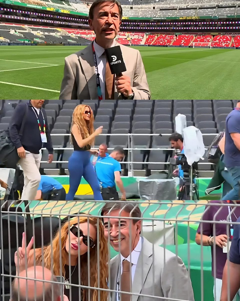 MotivacionesF's tweet photo. 😍 El momento que conmovió a todos.

Marcelo Benedetto estaba en pleno vivo desde el Estadio Azteca para DSPORTS cuando vio a lo lejos a Shakira, que acababa de terminar su ensayo y se retiraba del campo.

Por unos segundos, el periodista dejó de lado el profesionalismo y le dio paso al fanático. Pidió permiso al estudio, interrumpió su reporte y salió corriendo en busca de una foto con la estrella colombiana.

Atravesó la zona de seguridad, llegó hasta ella y consiguió la imagen soñada. 📸❤️

¿Valió la pena? Sin ninguna duda: SÍ, VALIÓ LA PENA.