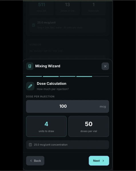 Pinned_Life's tweet photo. half a millilitre or one. 50 units or 25. the difference between your dose and double it. reconstitution math is the easiest place to be quietly wrong. 

the mixing wizard does it off the vial size and your dose. https://t.co/qR7dPgSBXM