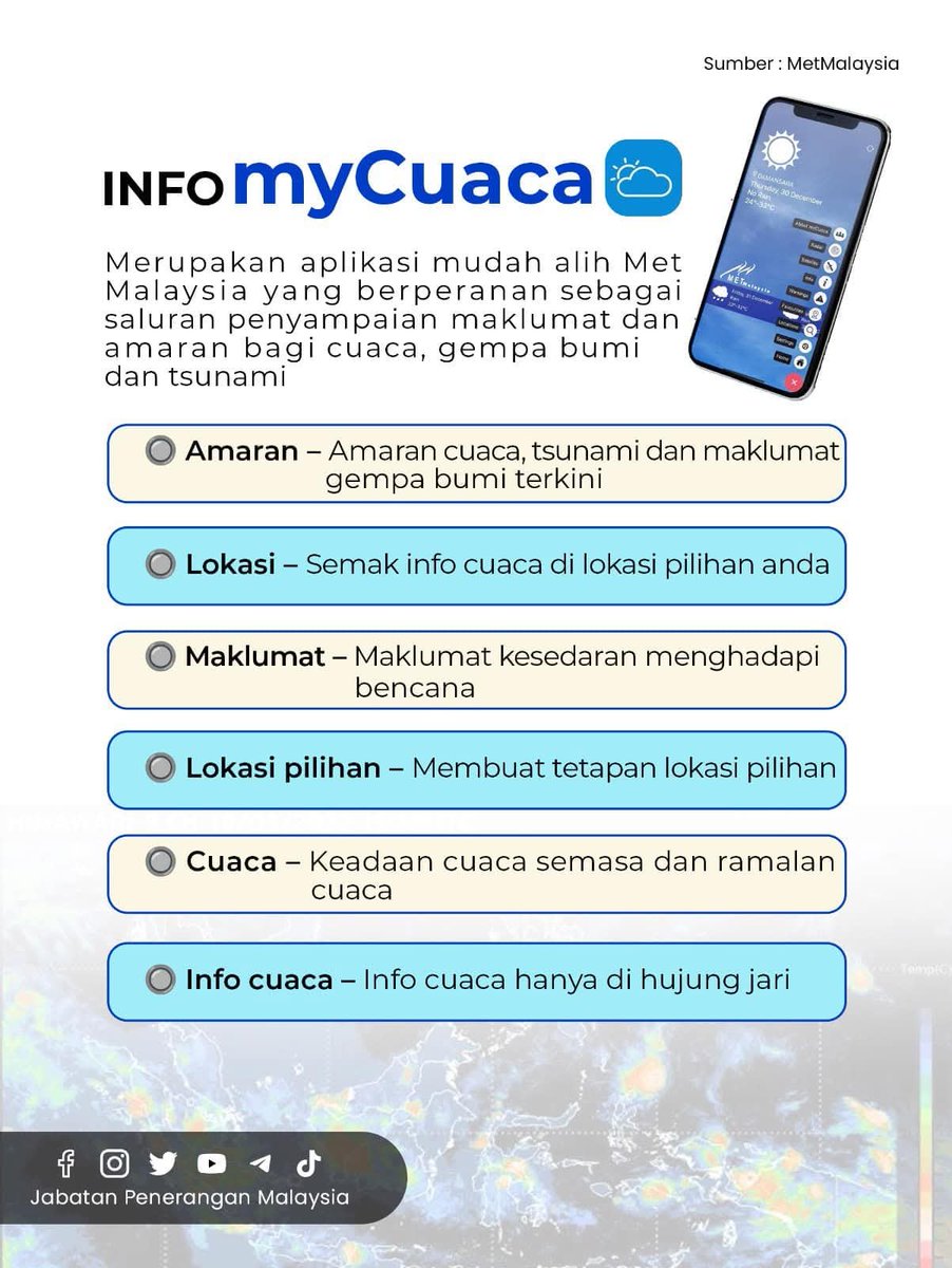 JPenerangan's tweet photo. Muat turun aplikasi myCuaca di Google Play dan App Store 📱

Dapatkan maklumat cuaca terkini dan sahih terus daripada METMalaysia. 🌦️

#RancakkanMADANI
#MADANIBekerja
#TaatSetia
#JabatanPenerangan https://t.co/4JG2HUgp1H