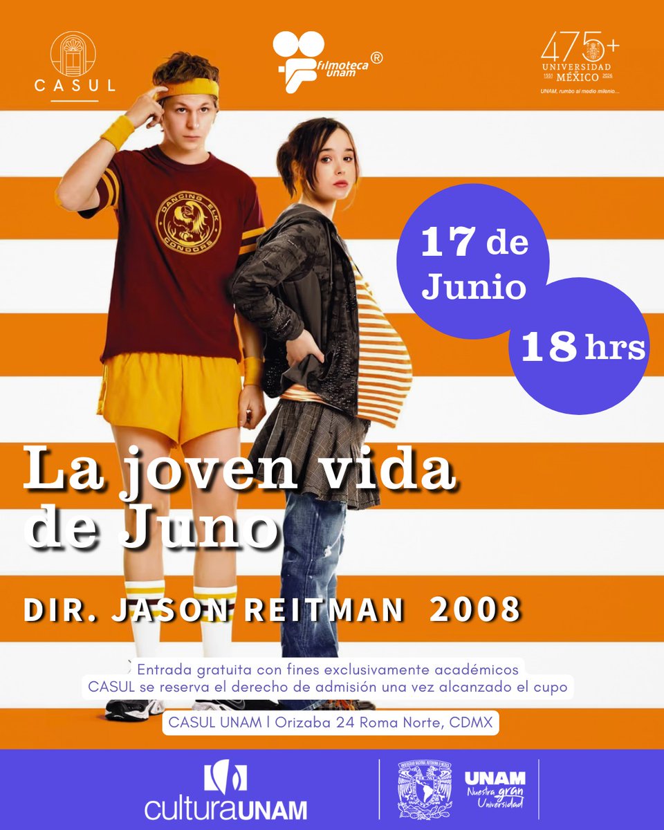 casulunam's tweet photo. ¿Vienes a la proyección de «Juno»? ¡Es gratis! 💖🎬
Frente a un embarazo imprevisto, Juno MacGuff, una adolescente de 16 años, tiene que tomar una difícil decisión. Te esperamos. 😉🍿

🗓️ 17 de junio, 18 h
🎟️ #EntradaLibre
📍 Orizaba 24, Roma Norte, #CDMX

@FilmotecaUNAM https://t.co/oRMCJOczI1