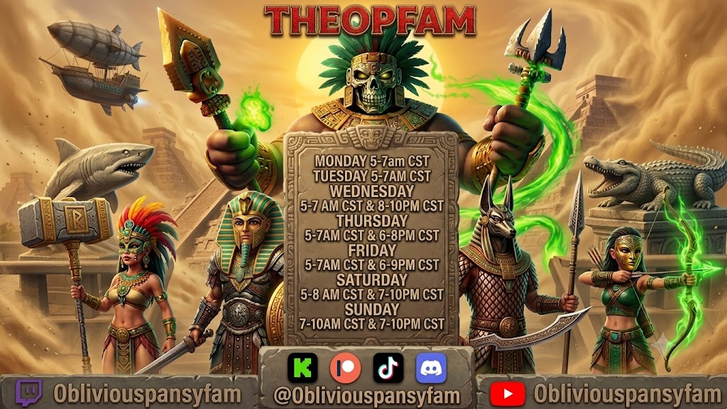 TheOPFam's tweet photo. Updated schedule for THEOPFAM livestreams survival games! Currently playing @Soulmask_ @ConanExiles @7DaystoDie @survivetheark  ObliviousPansyFam on @Twitch @Patreon @kick @YouTube @tiktok_us https://t.co/XHGPaybcKH