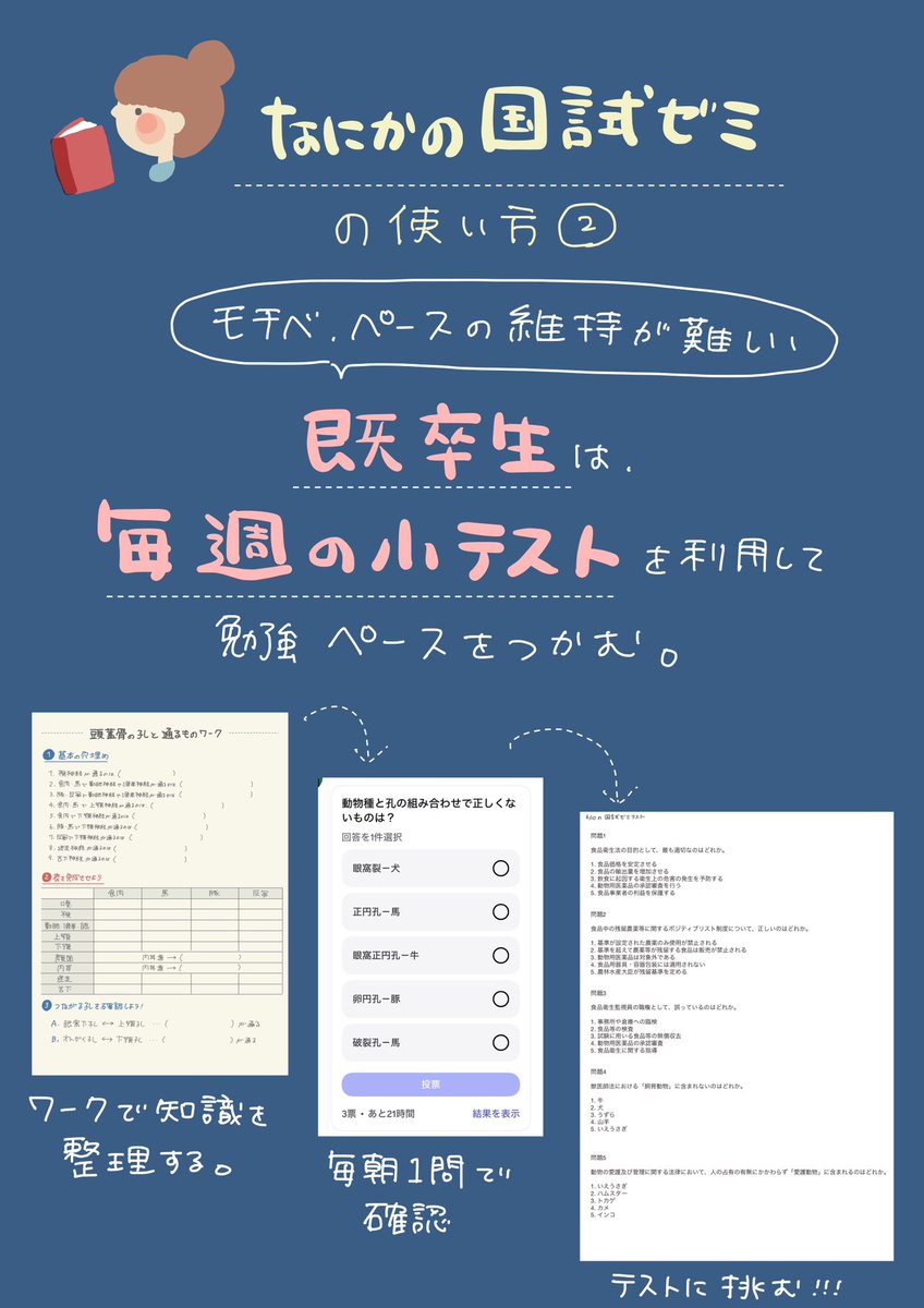 vet_no_nanika's tweet photo. 国試勉強は、全員が同じ進め方じゃなくていい🐾

1日1問だけの日も、
週末にまとめて復習する日も、
基礎から戻る日も。

自分のペースで続けたい人のためのサークルです🐶🐱

(必ずアクティブな活動が必要なわけじゃないです！見るだけ・保存だけも勿論OK！)

参加は固定ポストからっっ！ https://t.co/P2frGNPKUH