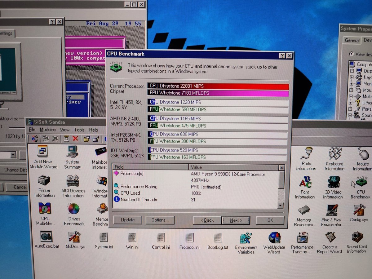 alphafox's tweet photo. Windows 95 was loaded on a 4.4 GHz Ryzen 9 system, and it actually worked! 

A PCIe to PCI enclosure was used for a PCI sound card (Aureal Vortex), and a PCIe Nvidia 7900 GS GPU was inserted in the motherboard's PCIe slot. 

The performance was a bit quicker than what the benchmarking software was expecting. 😆