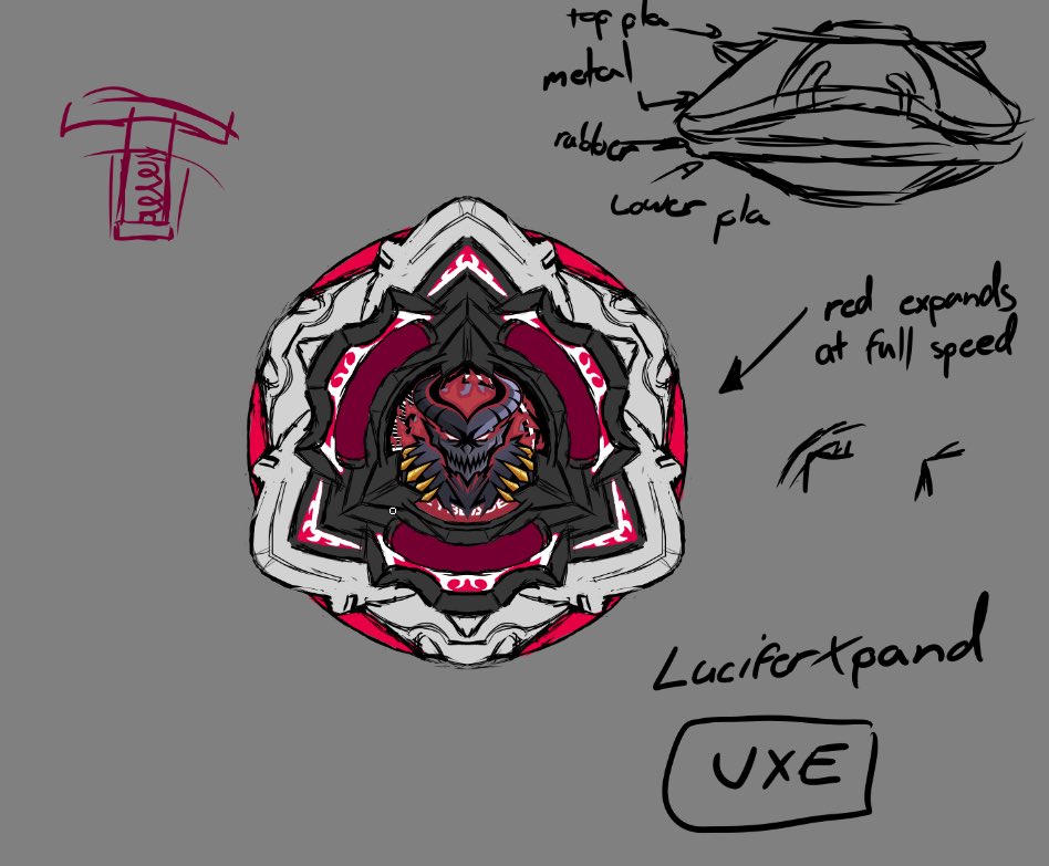 URightburst's tweet photo. UXE LuciferXpand 

An homage to Lucifer from the Burst series. Shell/Dome shape for defense and upper attack. 

The red plastic expands using a spring compression system. Centrifugal force pulls red tabs out making the bey a perfect circle.

Core sticker by LeoArtBlader https://t.co/XhV55pwV7Q