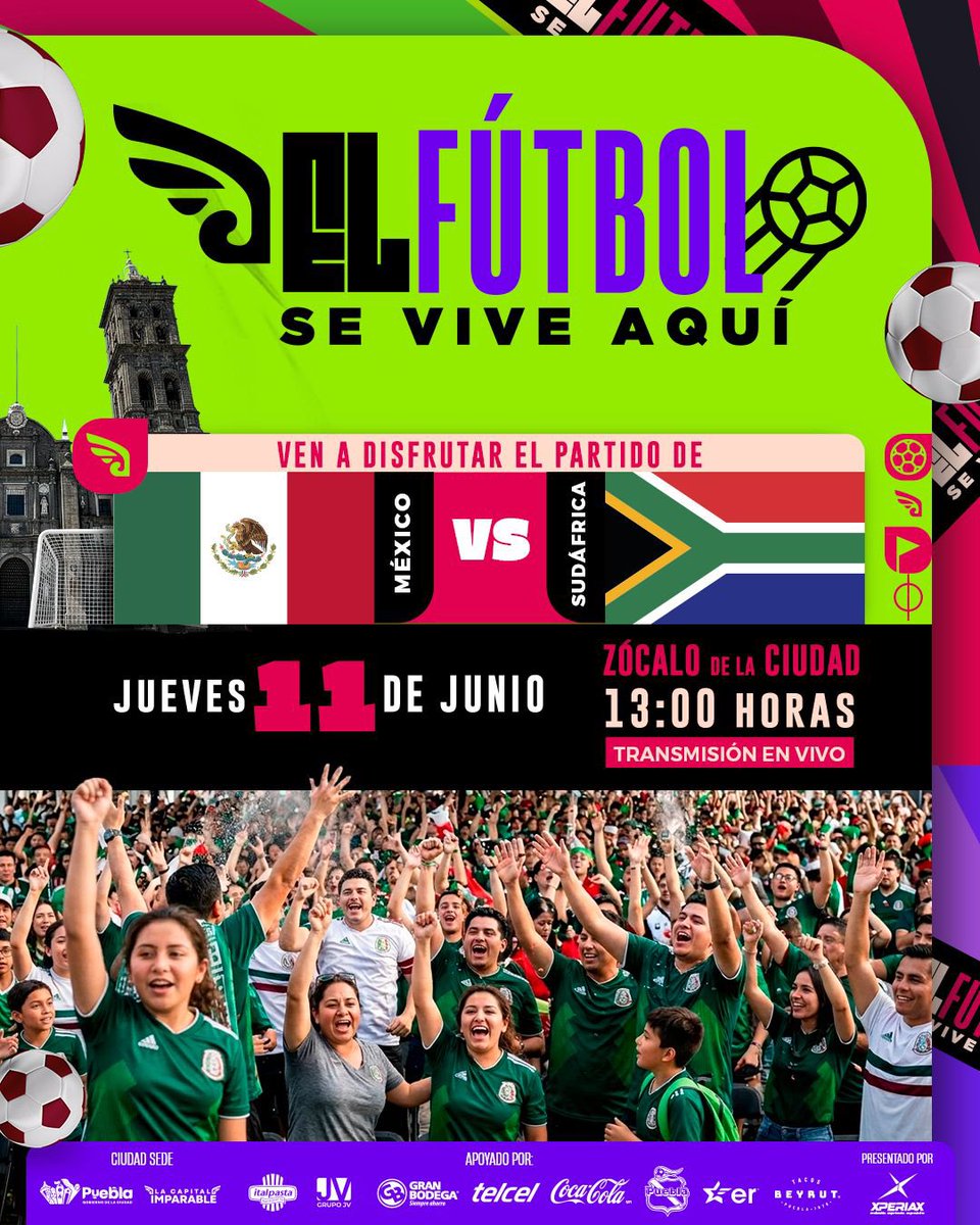pepechedrauimx's tweet photo. En el Zócalo de #Puebla se vivirá la pasión futbolera. Es momento de disfrutar la emoción del partido: México 🇲🇽 vs Sudáfrica 🇿🇦

📅 La cita es este Jueves 11 de junio, a partir de las 11:00 horas. 🏟️

Asiste con tu playera de la selección 🇲🇽 bien puesta y recuerda que #ElFútbolSeViveAquí ⚽🙌🏼