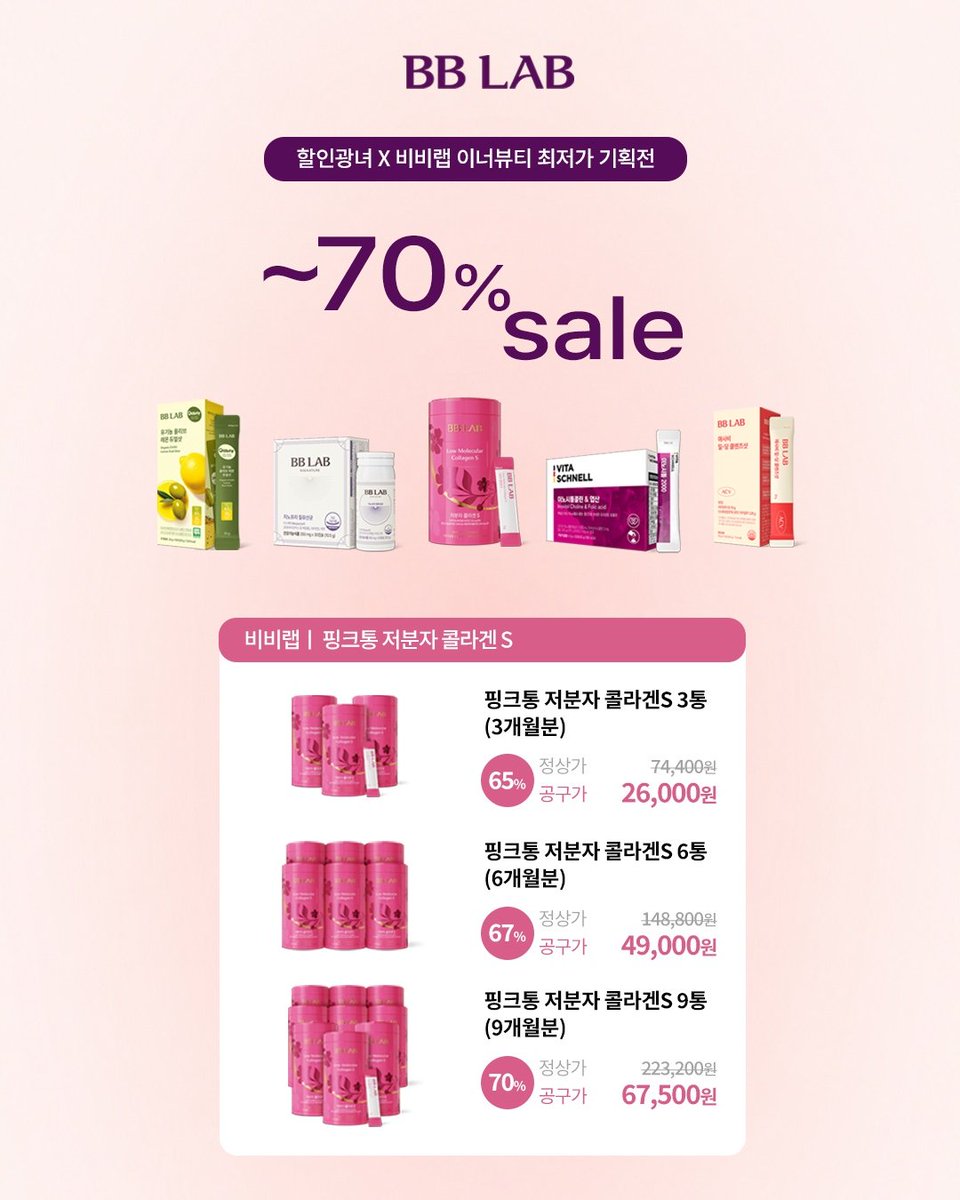 no_sale_no_life's tweet photo. #광고 
뉴트리원/비비랩 이너뷰티 마켓
다음주 월요일부터 시작이니 ~ 스포 시작 두둥 😘♥️

💌 비비랩 저분자 콜라겐S (정말 ㄹㅇ 초초초특가 ★)
ㄴ 네이버, 올리브영 등 1위 '핑크통 콜라겐' 
ㄴ 비비랩 대표 제품
ㄴ 누적 후기 14만 돌파

요즘 여성분들 이너뷰티 챙기려고 질유산균, 이노시톨, 유산균, 오메가3도 먹는데 .. 정작 피부를 구성하는 콜라겐은 안 챙기는 경우가 많더라구요 !! 몸 안은 챙기면서 피부는 화장품으로만 관리하고 있지는 않나요 ?
피부 좋아지고 싶다면서 콜라겐 안먹는 건 뭐야아 ~ ?

선크림처럼 콜라겐도 누적 케어가 저속노화를 만듭니더 👵🏿👴🏿
매일 챙기기 부담 없는 합리적인 가격의 콜라겐 ! 챙겨봅시다.
