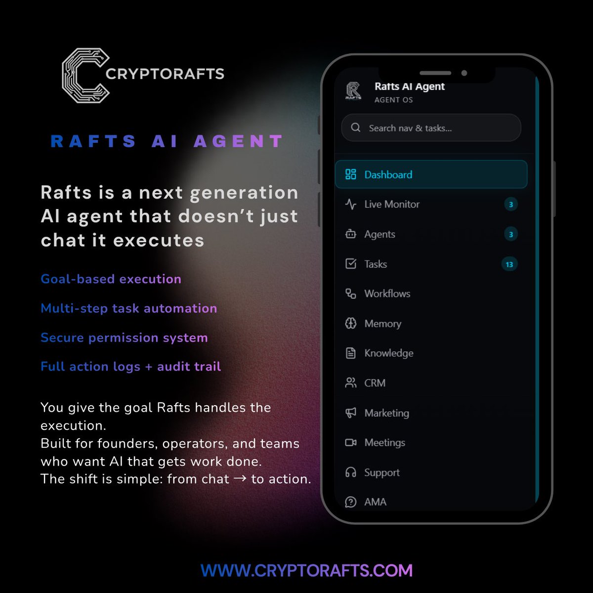 Cryptorafts_'s tweet photo. We’re excited to introduce Rafts AI Agents the next evolution of AI inside the Cryptorafts ecosystem.

Most AI tools stop at conversations.

Raft goes further.

Give it a goal, and it can plan tasks, execute workflows, automate operations, monitor progress, and help turn ideas into outcomes.

⚡ Goal-driven execution
⚡ Multi-step automation
⚡ Intelligent workflows
⚡ Secure permissions & audit trails
⚡ Built for founders, teams, traders, and Web3 builders

Whether you’re raising capital, scaling a project, managing operations, or growing a community, Rafts is designed to work alongside you not just talk to you.

From chat → to action.
From ideas → to execution.

Launching Soon.

The future of AI-powered execution is being built at Cryptorafts.

#Cryptorafts #RaftsAI #AIAgents #AgenticAI #ArtificialIntelligence #Web3 #Crypto #Automation #AIAutomation #Blockchain #Startup #Founder #Productivity #DeFi #Web3AI #FutureOfWork #LaunchSoon #BuildInPublic #Innovation #TechLaunch