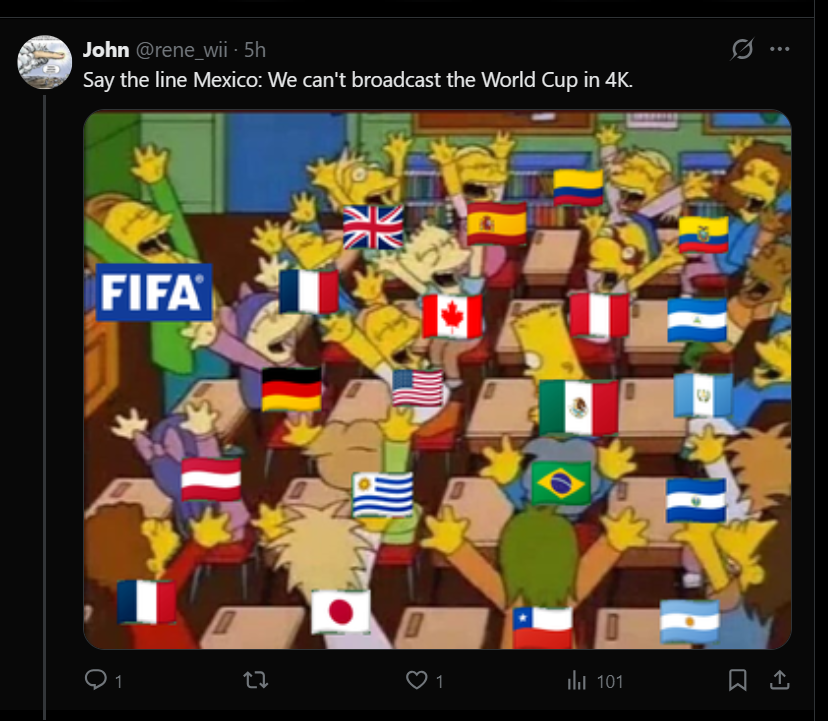 Snipermx's tweet photo. Datos técnicos del Mundial... la señal generada por la FIFA en las 3 naciones sera de calidad 4K HDR con una explosiva velocidad de bitrate de 60 MBPS si... leíste bien 60 MBPS a baja compresión baja latencia, bitrate constante para que los operadores de TV del mundo la usen para sus transmisiones, aquí en México Megacable o TotalPlay ofrecen canales 4K pero no te emociones "no harán puente" pues seguramente la señal del mundial en los servicios de México "si va a ser comprimida" a unos 16-19 Mbps antes de llegar a tu TV. perdiendo resolución que podrías no notar a simple vista. 
AHORA PARA QUIEN LO VEA EN SEÑAL ABIERTA... 
que no te engañen. ni Televisa ni Azteca, el mundial 2026 en México no lo podemos ver en TV abierta con calidad 4K por razones "técnicas" NUESTRO SISTEMA DE TV NO PERMITE LA TRANSMISION DE IMAGENES EN 4K... no fue diseñado para ese peso de "datos" pues usamos en México el ATSC sistema norteamericano es el más deficiente que solo 4 países de todo el mundo usan... (Canada, USA, MX y Corea del Sur) el resto del mundo usa el DVB en toda Europa, Oriente Medio y partes de Asia y en américa solamente en Colombia, China hizo su propio sistema de TV DTMB y todos los demás se fueron al sistema Japones ISDB en America desde Guatemala hasta Tierra de Fuego todos se fueron al sistema Japones...
los sistemas europeos y Japones si permiten 4K al aire, permiten ver esa resolución en un coche incluso hasta 90 Kph. permiten a las televisoras enviar mensajes y metadatos en la señal como alertas, noticias y más, otros hasta pueden sincronizar la hora con la señal.
mientras nuestro chafa ATSC no permite señal en movimiento (por eso no nos venden celulares con TV digital como si venden en otros países) no tiene capacidad de 4k que exige entre 18 y 24 Mbps... el pobre ATSC trabaja entre 6 a máximo 9 Mbps.  y si muchos televisores ATSC no tienen el codec HEVC/H.265 del 4K...
aquí viene el PERO....
solo es posible ver en MX el futbol por 4K usando video IP, es decir por VIX, Amazon, con decodificador de TotalPlay o Megacable (comprimido obvio) o en Smart TV que reciben por internet el video y lo envían al televisor o codificadores por el HDMI y lo pueden mostrar hasta con Dolby Vision y Audio Atmos.
@DavidFaitelson_ @nmas @LaReimers @juanbaaq @VivoEnLeon @ZeR0MMX @RicardoBSalinas @TUDNMEX @AztecaDeportes @abner_berruecos @tisidrodelbajio @MartinDiegoMX @SalinasBenjamin @iguanomayor @Telefonia_MX @FIFAcom @Davaluxor @Enrique_Acevedo @DeniseMaerker @soyjaimeramirez @quintopartidoof @PoderFutbol @MexicoCity26 @martinolimx @losprota @jmatuk @XatakaLATAM @Lonso0 @MRKONS @GarciaPosti