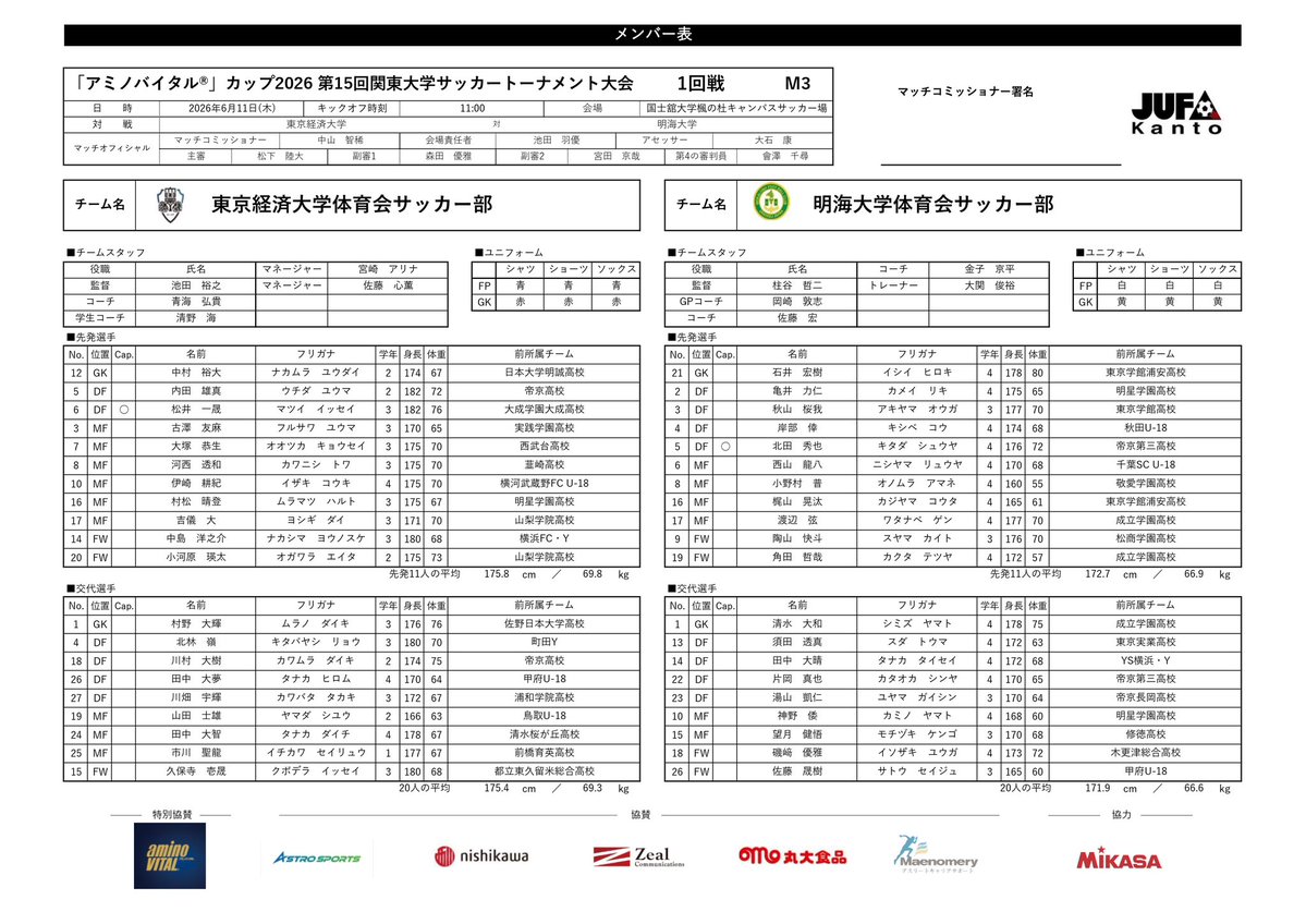 JUFA_sokuho's tweet photo. 🏆「アミノバイタル®」カップ2026
【東経大vs明海大メンバー表】

🎥ライブ配信はこちらから！
→https://t.co/J9LD4qXpAh https://t.co/cBknrOILyP