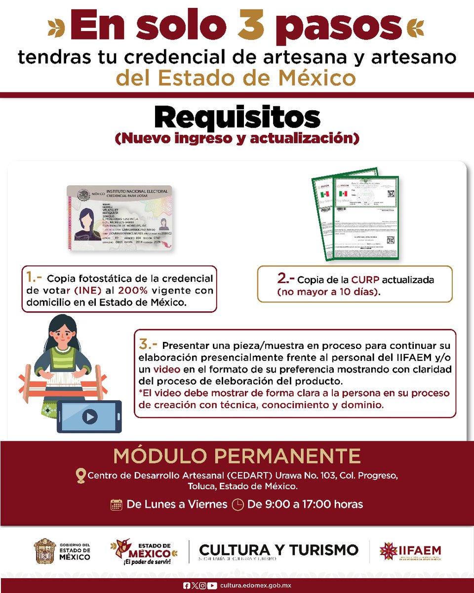 iifaem's tweet photo. Te invitamos a renovar o tramitar por primera vez tu credencial de Artesana y Artesano Mexiquense.
Te compartimos los requisitos y recuerda que contamos con un módulo permanente en nuestras oficinas de Toluca para brindarte atención.
#ElPoderDeServir https://t.co/fDzJi0sQ8m
