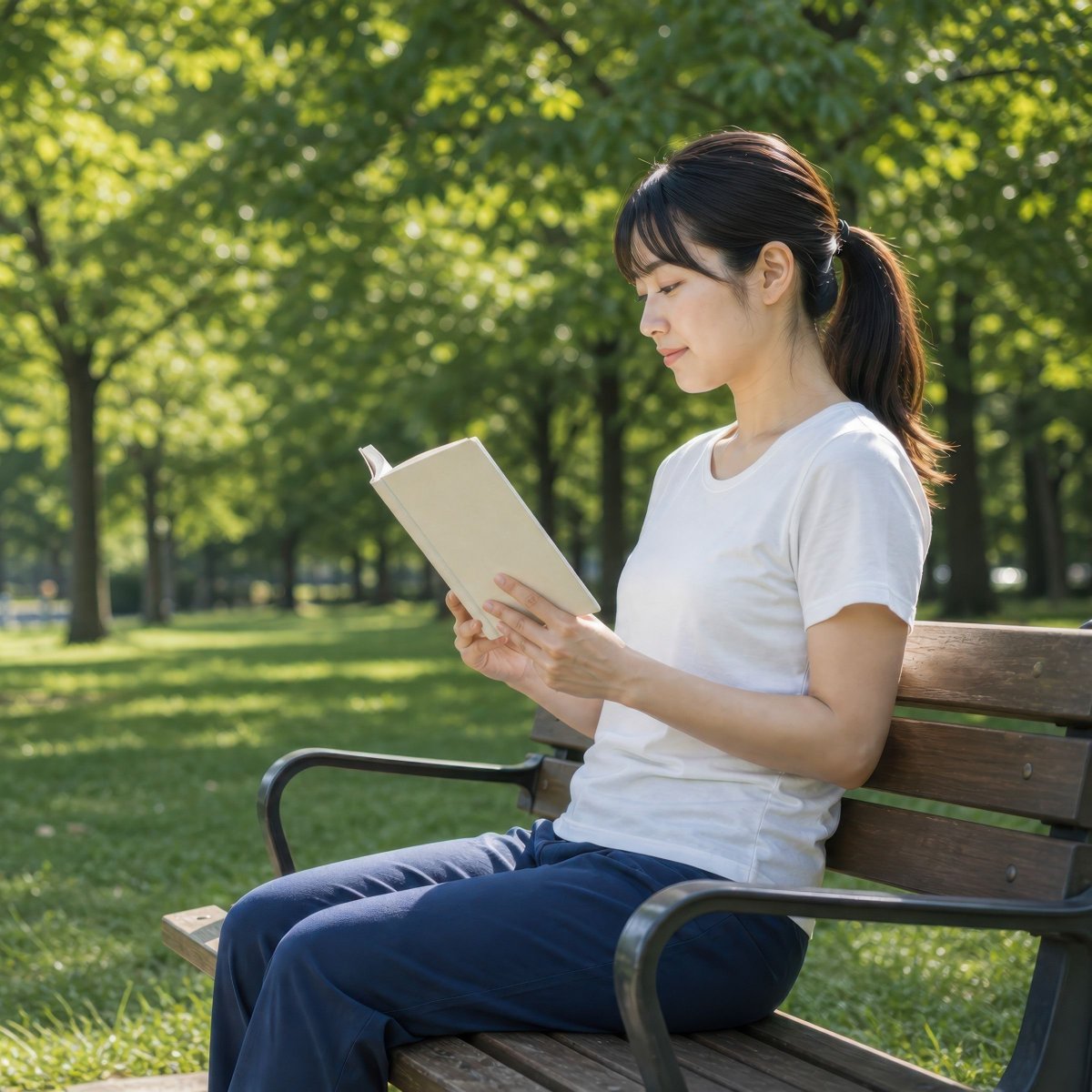AiPhotoDesigner's tweet photo. 朝の公園で本を開く時間って、情報を入れるというより、呼吸を整える時間に近い。

木陰、ベンチ、自然光。

ウェルネスや朝活のビジュアルに使いやすい静かな一枚です。 https://t.co/w5r6zIOgUb