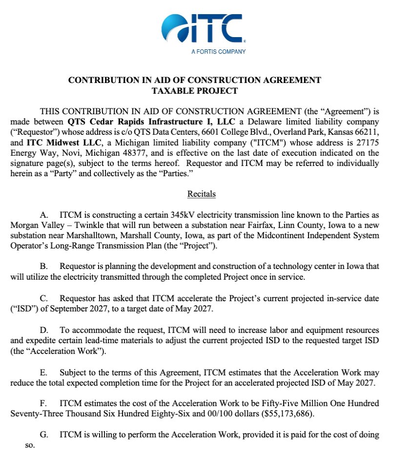 NatBullard's tweet photo. What speed to power is worth.  New @FERC: QTS Data Centers is paying  ITC Transmission $55 million to accelerate construction of a transmission line needed for its Cedar Rapids site by four months, from September 2027 to May 2027 (via @halcyon) https://t.co/RaujKJuJDj