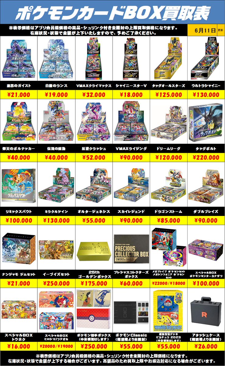 chuotrc's tweet photo. ポケモンカードBOX買取リストを更新しました！6/11～

未開封・美品・シュリンク付きの店頭・アプリ会員様の買取価格を表示しております。

当日であっても在庫により予告なく金額が上下する場合と買取上限や、高額の場合、お振込対応になる場合がございます。予めご了承ください。 https://t.co/Q9EnEfNkql