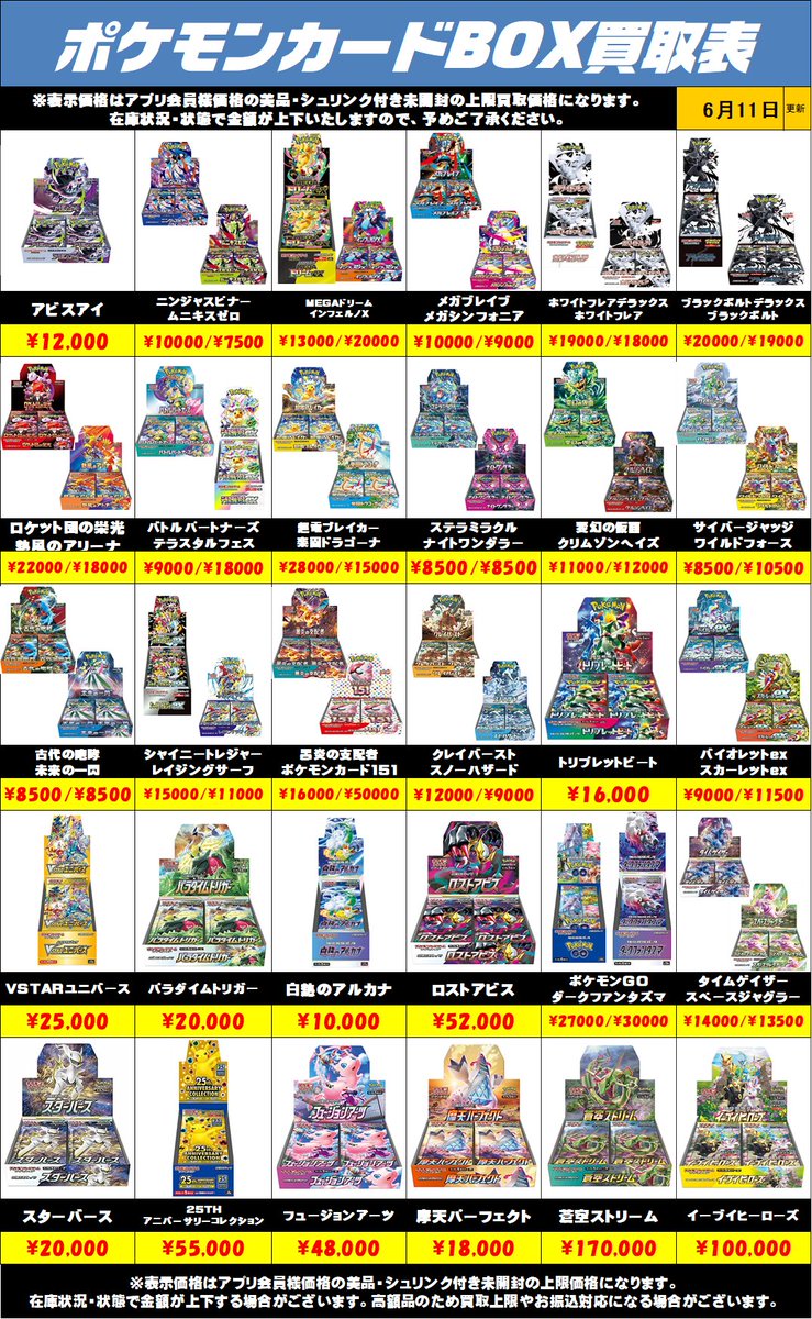 chuotrc's tweet photo. ポケモンカードBOX買取リストを更新しました！6/11～

未開封・美品・シュリンク付きの店頭・アプリ会員様の買取価格を表示しております。

当日であっても在庫により予告なく金額が上下する場合と買取上限や、高額の場合、お振込対応になる場合がございます。予めご了承ください。 https://t.co/Q9EnEfNkql