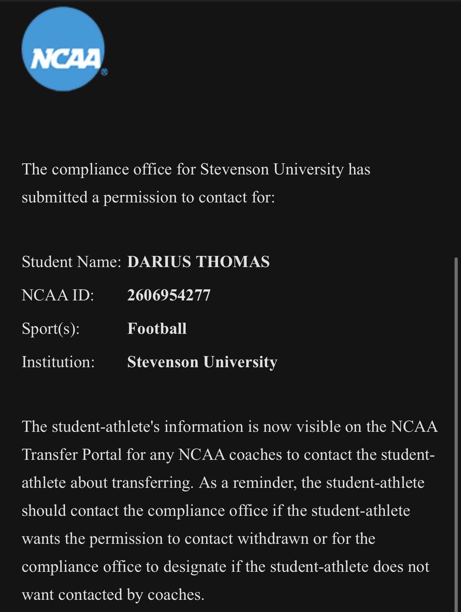 dxrius6_'s tweet photo. After much thought, I have decided to enter the NCAA Transfer Portal with 2 years of eligibility left. This is truly a blessing from God putting me in this position. I want to thank God as well as Stevenson University, my coaches, family, and everyone who helped me along the way. https://t.co/4JRaDLkucg