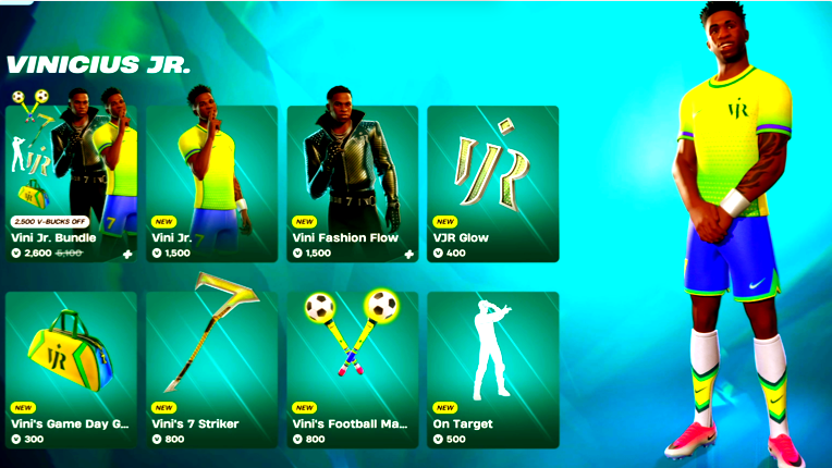 fortnitetalk's tweet photo. https://t.co/P5AVuNHb3J Vinicius Jr is in the fortnite item shop along with some other icon skins that have come back #viniciusjr #vinicius #fortnite #fortniteitemshop https://t.co/MKGxFeOeFx