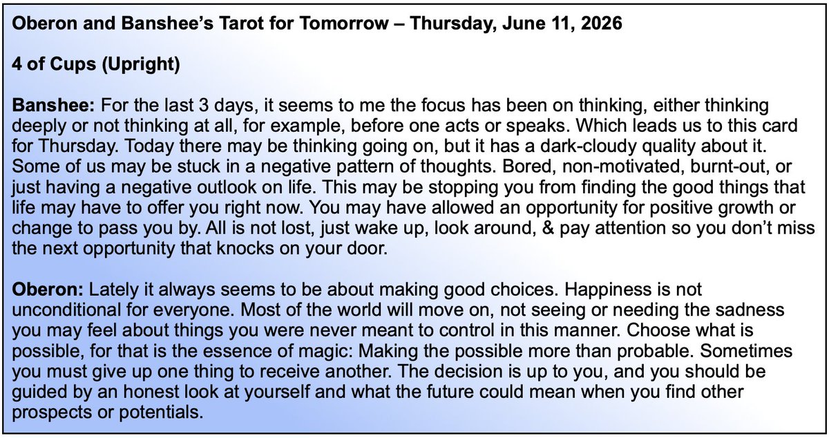 tftTarot4today's tweet photo. Some of us are in a negative frame of mind today. Bored, non-motivated, &amp;/or just plain unhappy. There may be better opportunities out there for you, but you have to choose to go for them. Here’s the Tarot for Tomorrow, Thursday, June 11, 2026. #tarot #dailytarot #TarotReading https://t.co/mBe0VObkW2