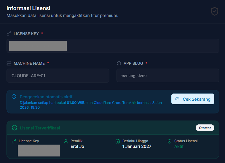 eroljo's tweet photo. Progress sampai hari ini WenangCMS sudah berhasil terkoneksi dengan sempurna ke license system @kawanua dan karena untuk demo panel ini deploy nya di Cloudflare, jadi sekalian cronjob bawaannya dipake supaya tiap jam 1 subuh lisensinya dicek. 

#wenang #webdevelopment https://t.co/iHnbgv8Fhu