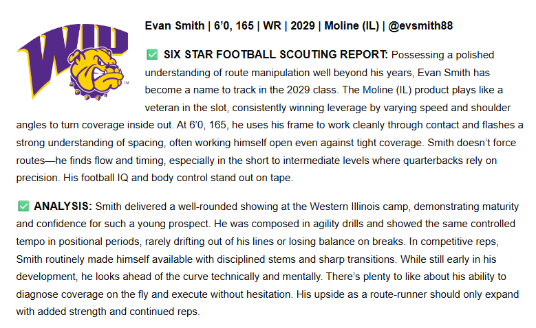 evansmith0810's tweet photo. Nice to be noticed. Better to keep improving. Looking back at these, it's cool to see how far the work has taken me. Plenty left to show. 

Appreciate @SixStarFootball following the journey.

@MolineFBRecruit @Moline_Football 
@CoachMorrissey7 @Coach_Tank78 https://t.co/IxNZjOWkz6