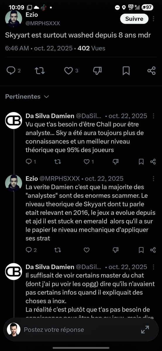 Skyyart's tweet photo. Bah? Y a encore quelques mois tu me trashtalkait d’etre hardstuck emeraude comme tout les randoms AW?
Pourtant avec 85% de winrate en duo en taggant full gm dans les games 2 mois plus tard avec cette exact strat, t’as pas écrit?

Facile de trash quoiqu'il arrive juste tu veux t autoconvaincre que j’etais hardstuck plat/em et maintenant que obviously c’etait pas le cas. Reslalom de trashtalk, mentalité qui fait pitié.