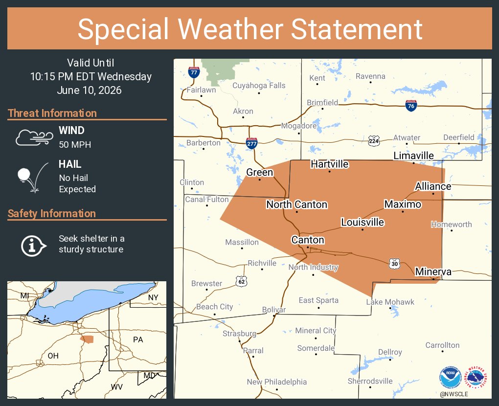 NWSCLE's tweet photo. A special weather statement has been issued for Canton OH, Green OH and  Alliance OH until 10:15 PM EDT https://t.co/gJu5kXgYIw