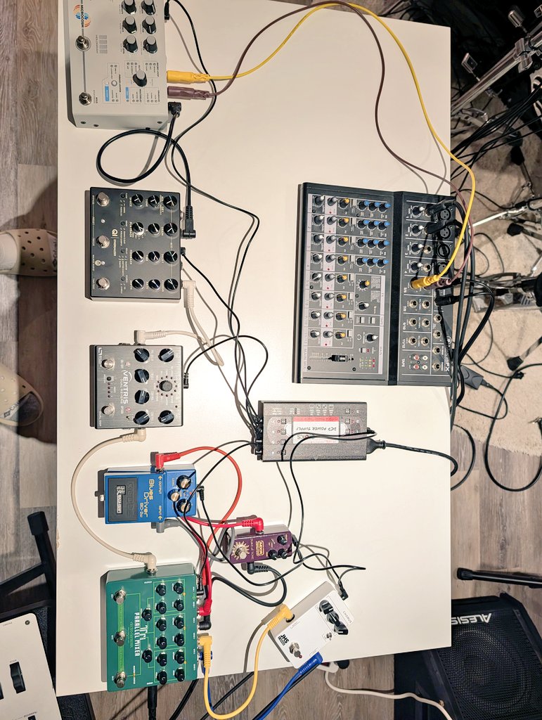 dmosher's tweet photo. You think programming is hard? Try creating an ideal FX chain with both parallel and serial loops using outboard gear with synthesizers. 

(It's coming along, but the routing and gain staging is breaking my brain) https://t.co/kew084kc1P