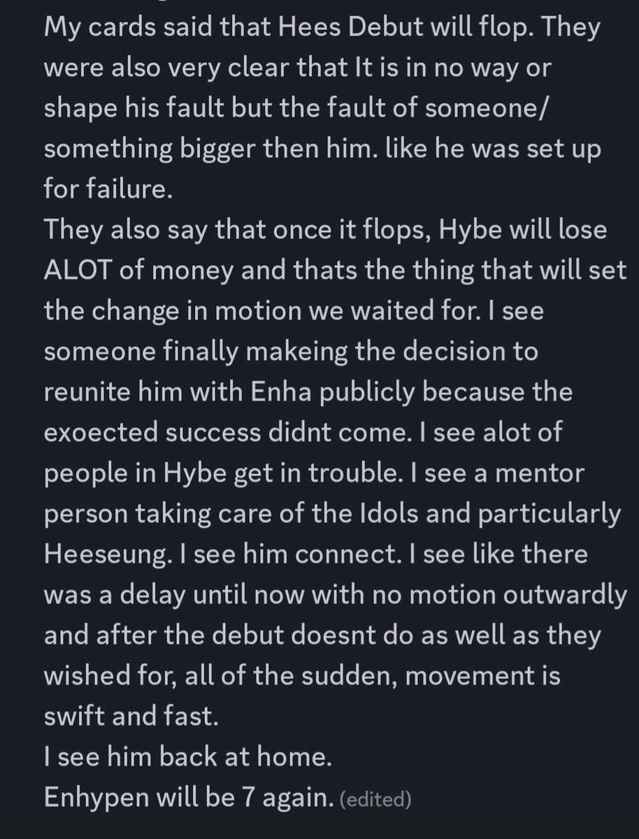 EN_MoonDiscord's tweet photo. Im gonna post the tarot reading now. I personally am not super happy with what it says, but cards be carding.
Grain of salt, yada yada. just a lady with her silly cardboard rectangles.
Imma go brace for hate.
Enha is seven, btw.
#Justice_For_SevEN
#Boycott_BELIFT_Lab_Financially https://t.co/cr7L414QEv