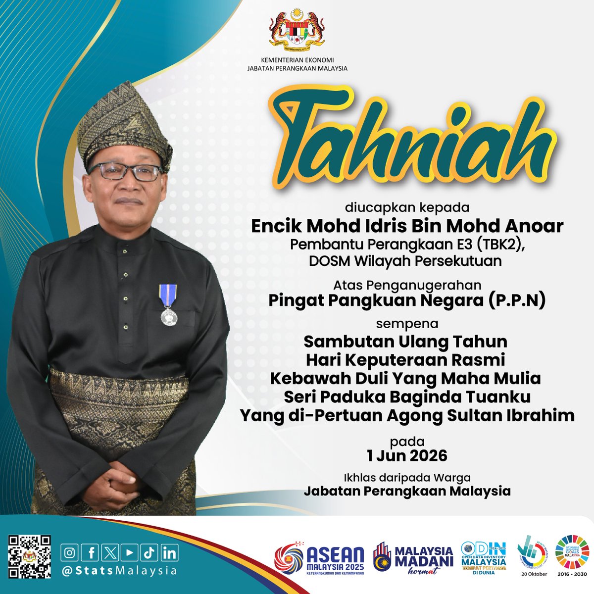 StatsMalaysia's tweet photo. Seluruh warga Jabatan Perangkaan Malaysia (DOSM) dengan penuh sukacita menzahirkan setinggi-tinggi tahniah kepada Encik Mohd Idris bin Mohd Anoar, Pembantu Perangkaan E3 (TBK2), DOSM Wilayah Persekutuan atas pengurniaan Pingat Pangkuan Negara (P.P.N.). https://t.co/im9FumfVuV