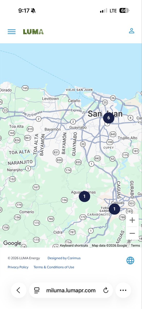 agnes09's tweet photo. Muestra, un botón… 780 sin luz en zona de Bayamón pero en el mapa no lo marcan @lumaenergypr. Un trabajo de “calidad” 👎🏼 https://t.co/nFmhW9VhBh