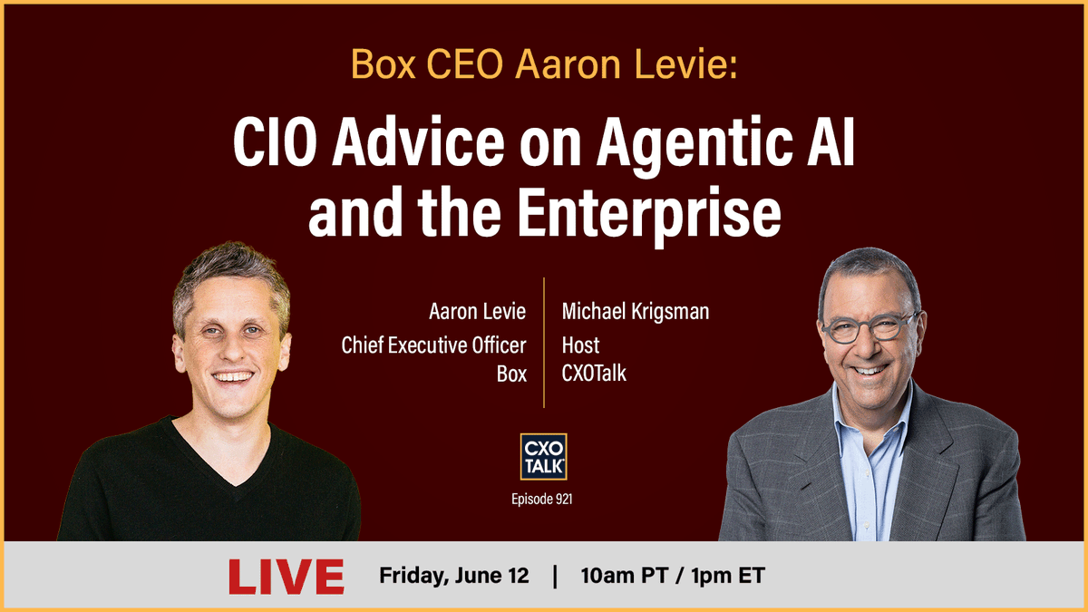 cxotalk's tweet photo. Fri 12 June 2026, LIVE, 1 pm ET/ 10 am PT
CIO Advice on Agentic AI &amp; the Enterprise

Join #CXOTalk guest @Levie, CEO &amp; co-fndr, @BOX.
https://t.co/xoi0sKIGna

Why are data and permissions more important than the #AI model?

#CIO #EnterpriseAI #AIagents #AgenticAI #CIOstrategy https://t.co/6r7IGTXNuS