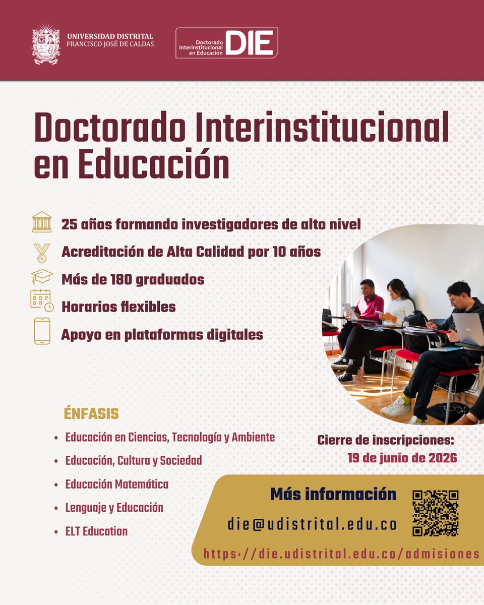 MiradasDIE_UD's tweet photo. 🎓 25 años formando investigadores de alto nivel.

El DIE-UD cuenta con:

✔ Acreditación de Alta Calidad por 10 años
✔ Horarios flexibles y apoyo en plataformas digitales
📅 Cierre de inscripciones: 19 de junio de 2026
Info: https://t.co/wrCD33PCjV https://t.co/W2Awk8aeer