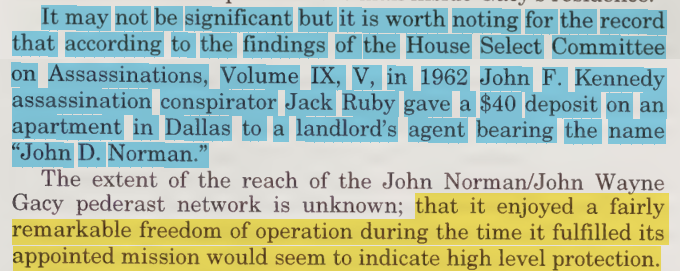 toxictiramisu's tweet photo. Jack Ruby (the man who killed Lee Harvey Oswald) gave a $40 deposit on a Dallas apartment in 1962 to a landlord's agent named "John D. Norman." The John David Norman/John Wayne Gacy network enjoyed a fairly remarkable freedom of operation, suggesting high-level protection. https://t.co/jYUN4uq6ob