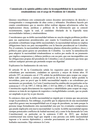 RedMasNoticias's tweet photo. #ATENCIÓN | Nacionalidad estadounidense de Abelardo De La Espriella sería incompatible con el cargo de presidente de Colombia, advierten 20 exmagistrados. "Plantea obstáculos jurídicos, éticos y políticos". https://t.co/2ODglnZqJm