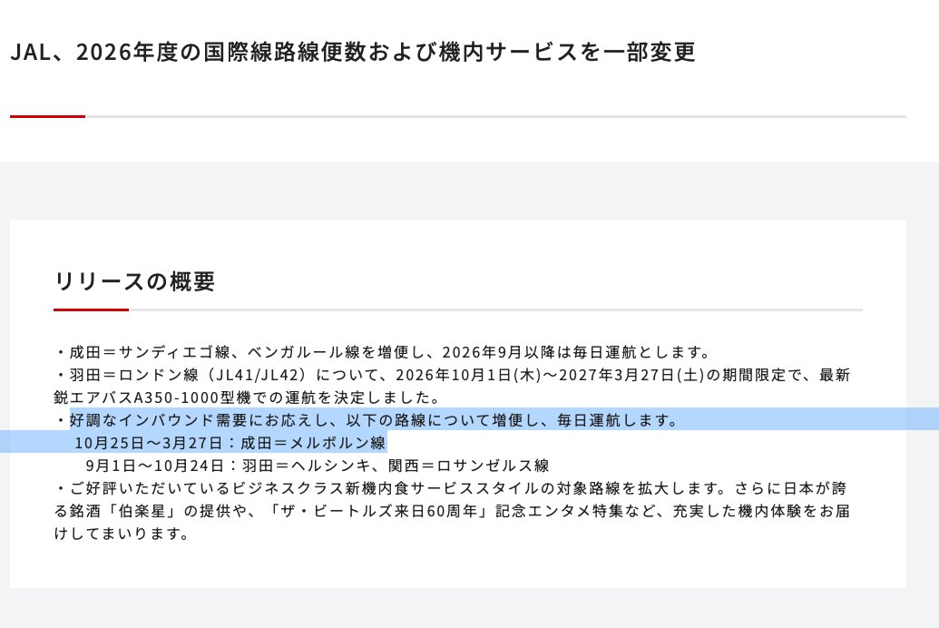 info_melcome's tweet photo. 現在週３便の運航のJAL 成田〜メルボルン便
2026年10月25日～2027年3月27日の期間で増便が決定
週7便の毎日運航へ https://t.co/LlGM6iQCXj