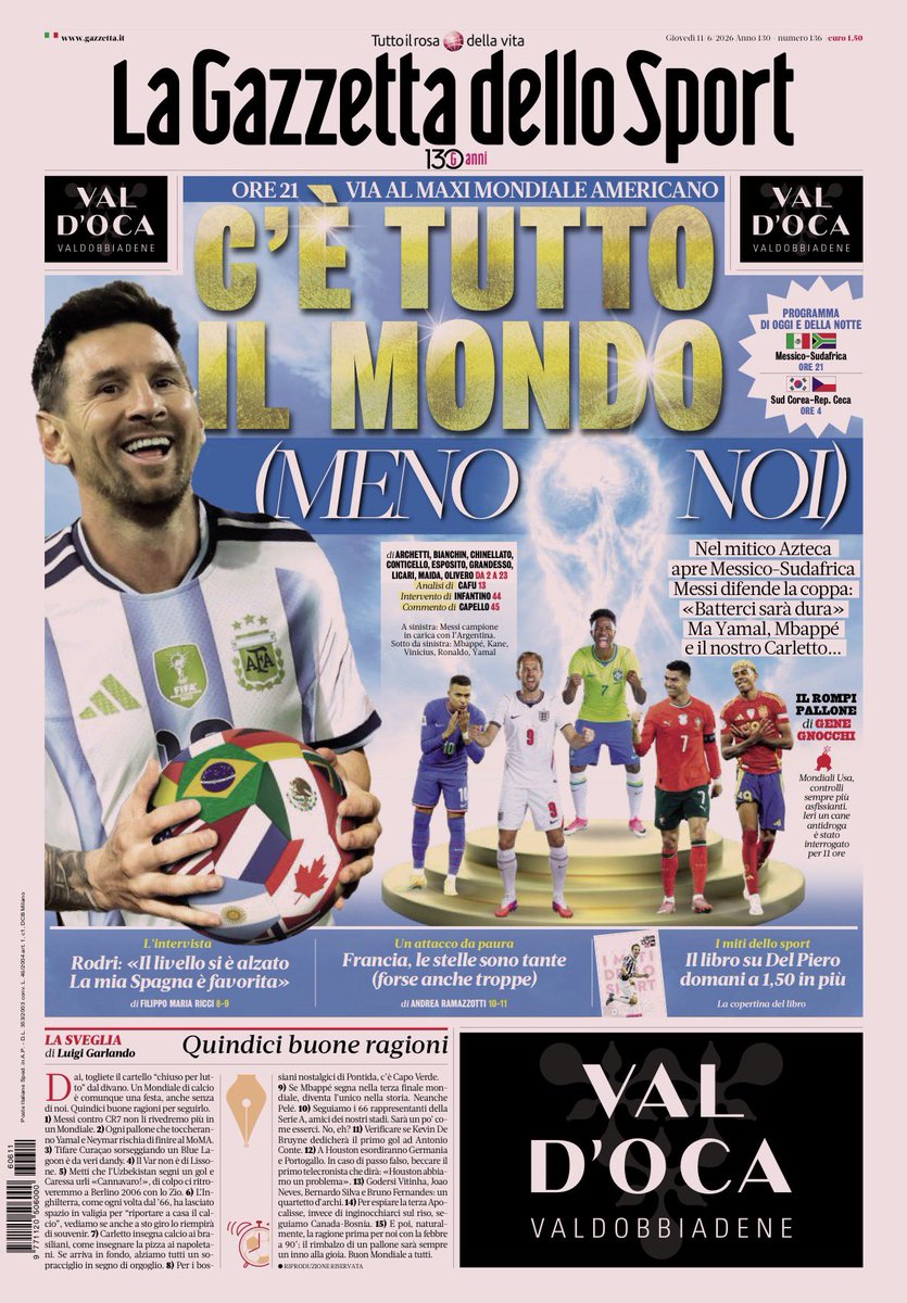 Guillaumemp's tweet photo. "Il y a tout le monde (sauf nous)" : la Une de La Gazzetta dello Sport en ce jour d'ouverture de la Coupe du monde 2026 🇮🇹 https://t.co/lexPDNe1Ly