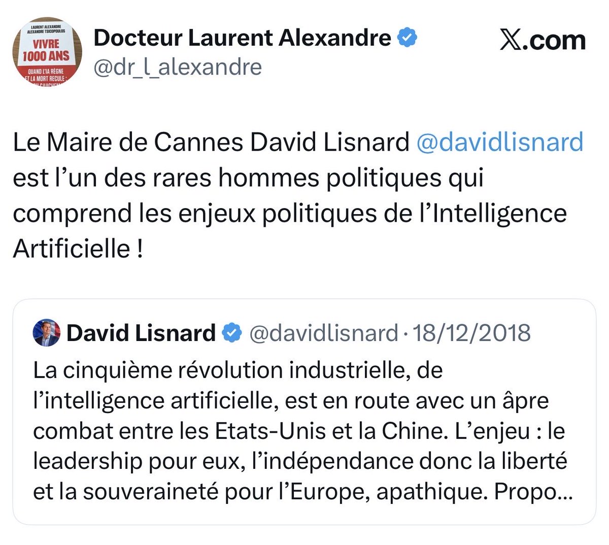 BonnetSebas75's tweet photo. Il manque un nom dans votre liste @dr_l_alexandre. Et vous le savez d’autant mieux que vous l’aviez vous-même écrit.
@davidlisnard fait partie de ceux qui ont compris très tôt que l’intelligence artificielle n’était pas un gadget de communication, mais un enjeu de souveraineté, d’éducation, de puissance industrielle et de civilisation.

Dès 2018, il parlait déjà de combat stratégique entre les États-Unis, la Chine et une Europe apathique. En 2023, il alertait sur ChatGPT, la langue, l’école, l’esprit critique. En 2024, il appelait à faire de l’IA un outil de progrès plutôt qu’un instrument de soumission. Depuis, à Cannes, il en fait aussi un levier concret de performance publique, dans un cadre maîtrisé, au service de l’humain, de la sécurité et de l’efficacité administrative.
Ce n’est pas une posture récente. C’est une continuité. Chez David Lisnard, l’IA n’est ni une fascination de salon, ni une panique technophobe. C’est une question de maîtrise, de formation, d’exigence et de souveraineté.

Il y a ceux qui découvrent l’IA quand elle devient médiatique. 
Et il y a ceux que vous aviez déjà repérés parce qu’ils l’avaient comprise avant que cela devienne obligatoire.

⬇️⬇️⬇️⬇️
https://t.co/6B9fbKjrdl