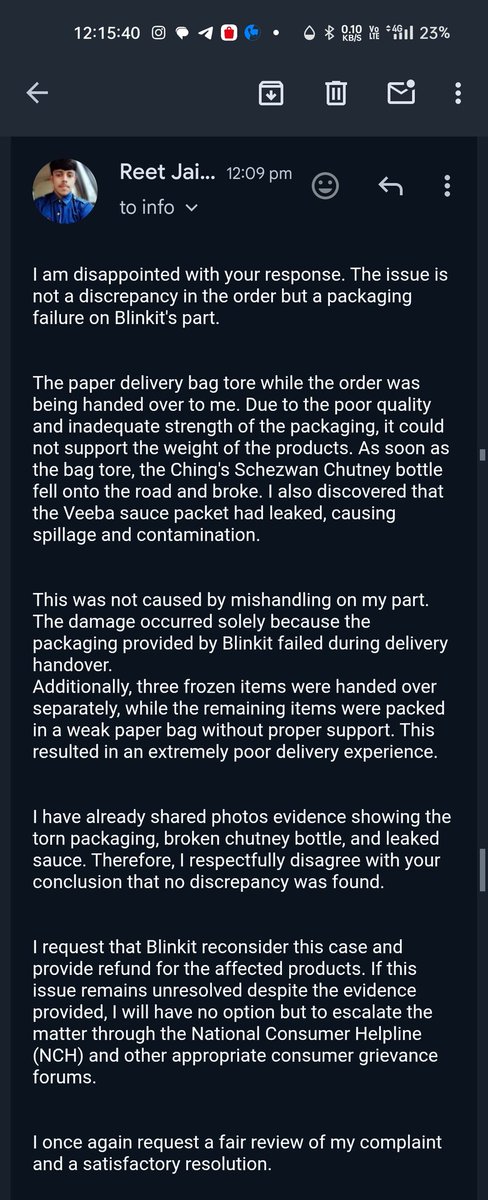 iamreetjaiswal's tweet photo. @blinkitcares I am not satisfied with blinkit response I will fight for it. No matter what. It's not my fault at all.

@jagograhakjago @deepigoyal @blinkitcares @letsblinkit @albinder https://t.co/I4Z2MfnakW