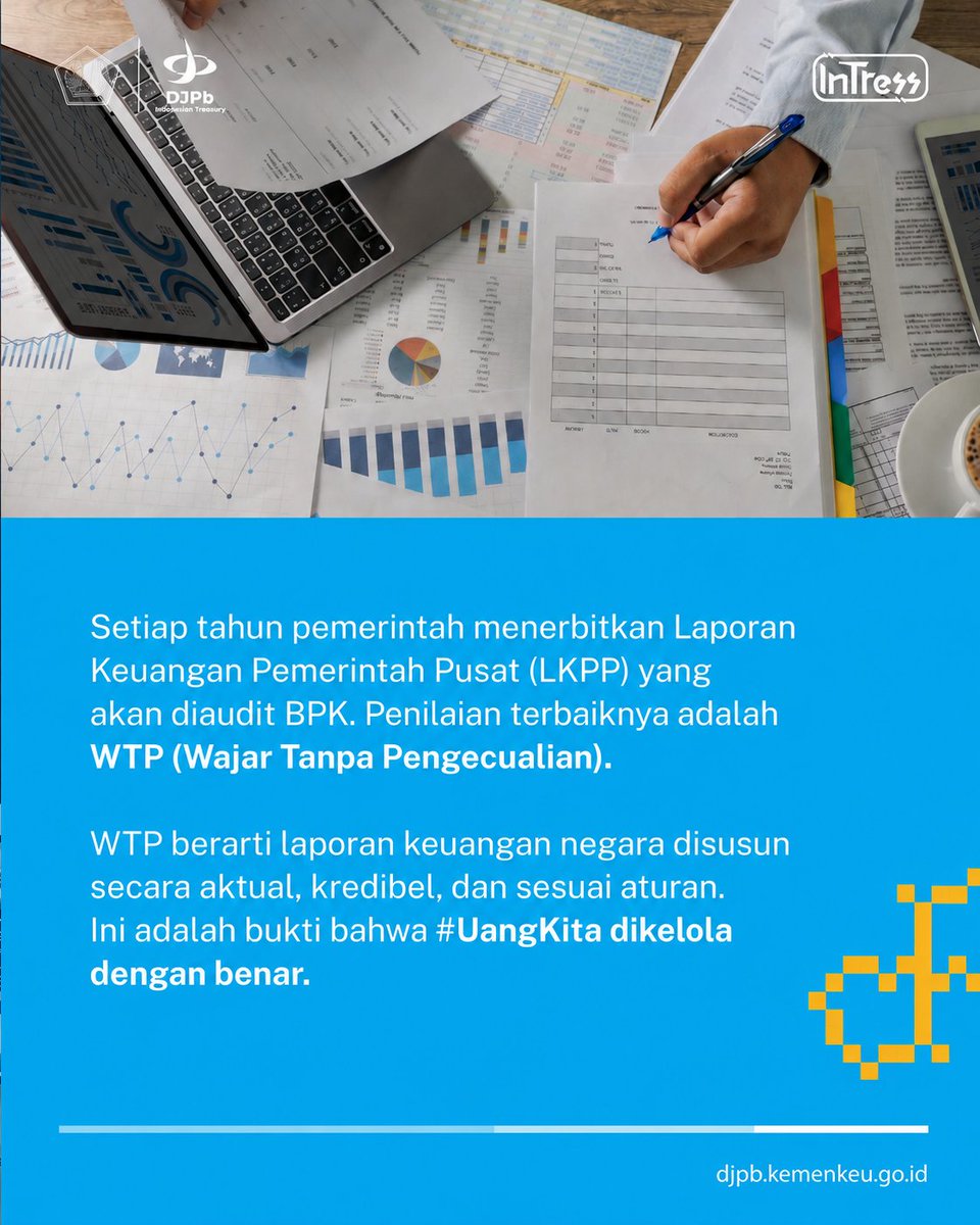 kppnsidikalang's tweet photo. Ada kabar baik Sobat #Intress
Selama 10 tahun berturut-turut, laporan keuangan negara kita konsisten memperoleh opini terbaik dari BPK.
Capaian ini bukanlah suatu kebetulan, di baliknya ada sistem pencatatan keuangan yang makin canggih, standar yang diakui internasional& komitmen https://t.co/JmYL9r3EEb