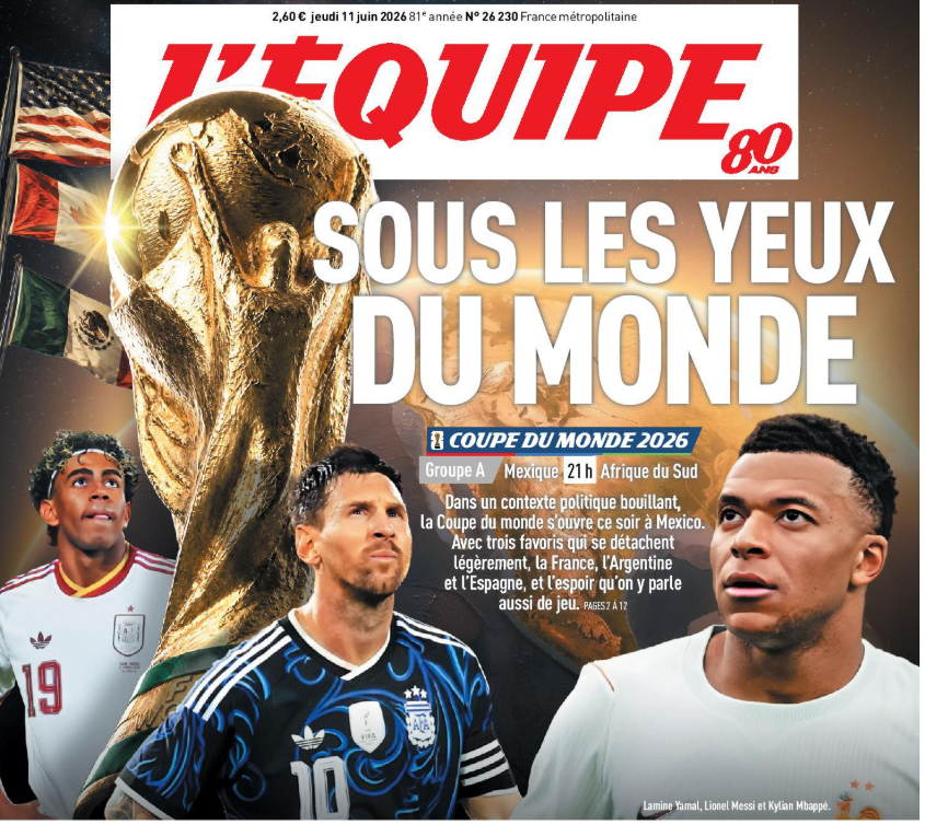 Julien5Muller's tweet photo. Pour la quatrième fois, Lionel Messi est à la Une de L'ÉQUIPE pour l'ouverture de la Coupe du monde 🔽 
C'est le record 🐐
(pas de Une pour l'édition 2022) https://t.co/SgiSHpOepQ