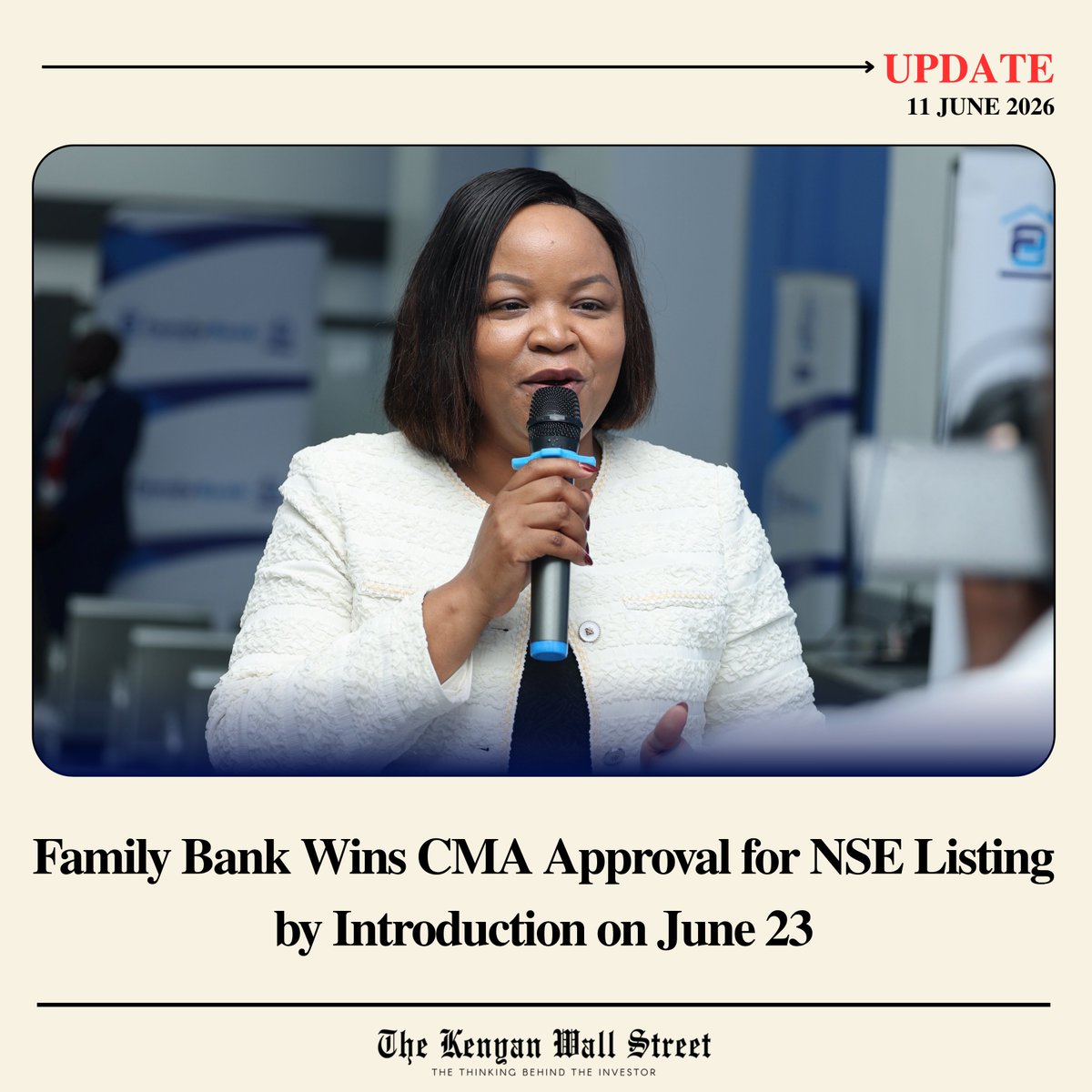 kenyanwalstreet's tweet photo. 🚨 Listing Alert

Family Bank has received Capital Markets Authority approval to list on the Nairobi Securities Exchange by way of introduction, with trading set to begin on June 23, 2026.

The move will allow existing shareholders to trade their shares without the bank raising fresh capital.

Family Bank said the listing follows years of preparation and comes after it raised KSh 8 billion in a 2025 private placement.