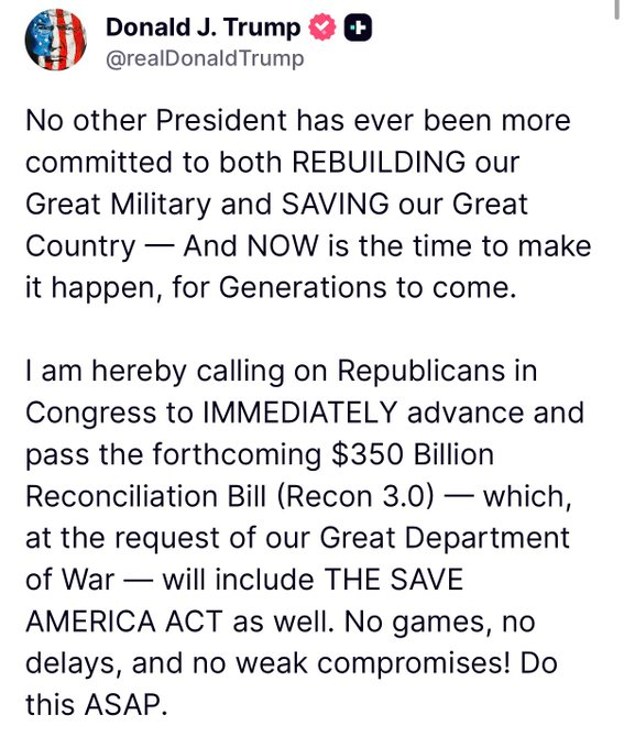 CSEvaluation's tweet photo. The path to election integrity just got crystal clear. 💎

By putting the SAVE America Act into Reconciliation 3.0, it only takes 51 votes in the Senate to pass. President Trump is ready. Are Senate Republicans? https://t.co/dAOQYGcfrD