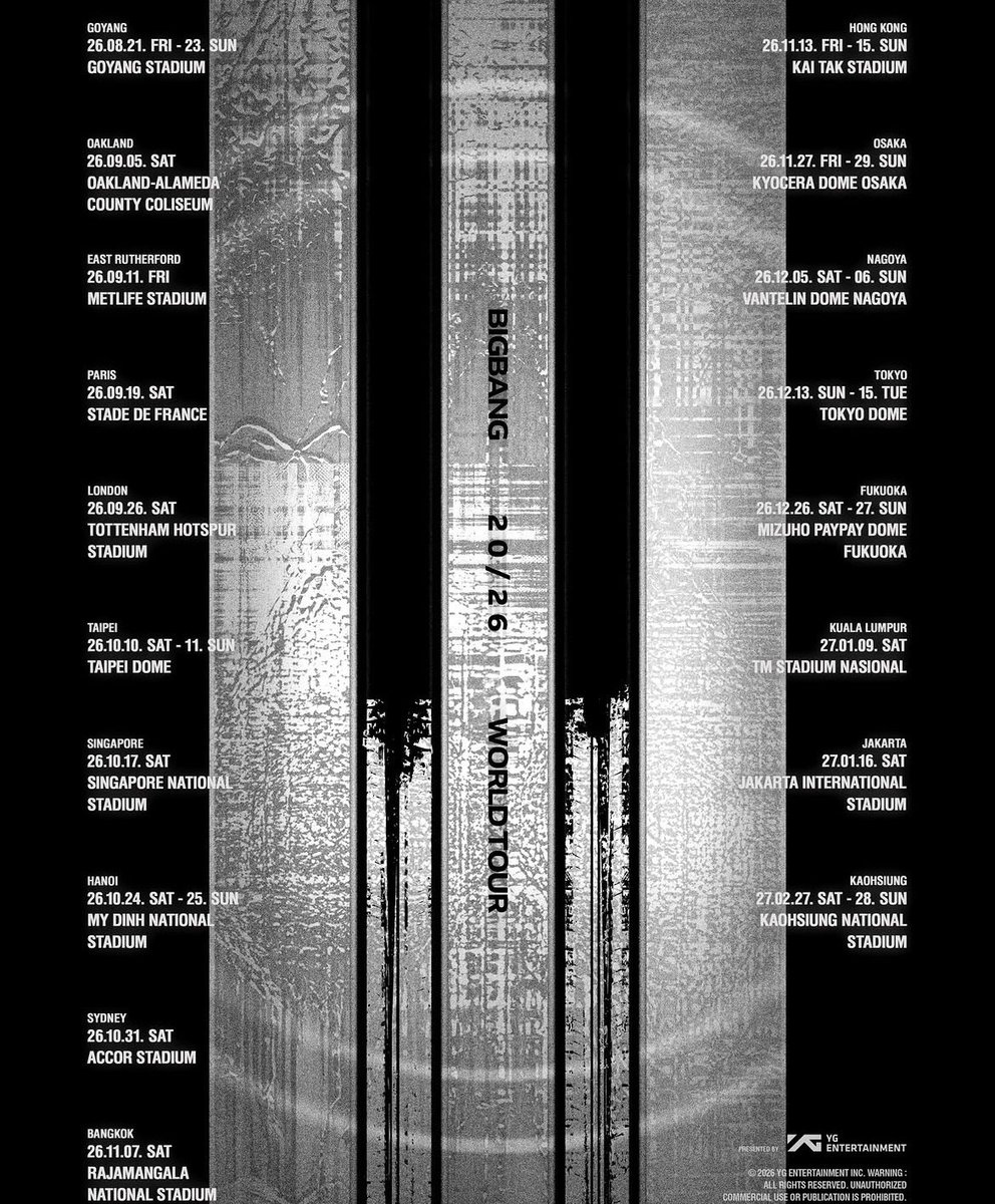 MYSPACEBB's tweet photo. 🚨 É OFICIAL! O BIGBANG acaba de anunciar as primeiras datas de sua nova turnê mundial.

O grupo passará por estádios na Ásia, Europa, Oceania e Estados Unidos, marcando o início de uma nova etapa de apresentações ao redor do mundo.

#BIGBANG #빅뱅 https://t.co/Qz379dMyFV