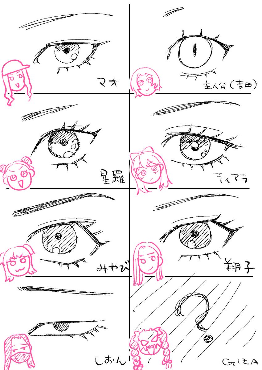 cicca_zecc's tweet photo. キャラの目めも👀
本文描きながらキャラデザ考えたから描き終わってからまとめる･･･

キャラの数絞ったつもりだったけど8人も居たのね！ https://t.co/GUYRWlsm1y
