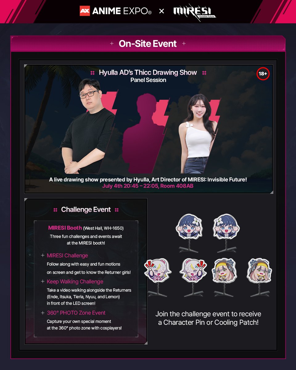 Miresi_en's tweet photo. ⭐ #MIRESI X #AnimeExpo2026 ⭐

A special MIRESI experience is waiting for you, Councilors. 📩✨

From exciting encounters with the Returner girls
to exclusive events you can only experience at #AX2026!💗

The world of MIRESI is coming to LA🌌

🕺 Follow the moves on screen and make unforgettable memories with the Returners in the MIRESI Challenge!
🖥️ Walk alongside Ende, Itsuka, and Tieria, brought to life on a giant LED screen!
📸 Capture unforgettable moments with cosplayers at our 360° photo zone!
🎨 A premium live thicc character drawing show presented by Art Director Hyulla!
🎁 Visit the MIRESI booth and play the demo to receive special merchandise!

📍 Don't forget the MIRESI booth location!
Los Angeles Convention Center West Hall, WH-1650
▶https://t.co/Q4nGBf9VHD

We'll be waiting for you at #AnimeExpo
with another special story to share together! ◝(⁰▿⁰)◜

#InvisibleFuture