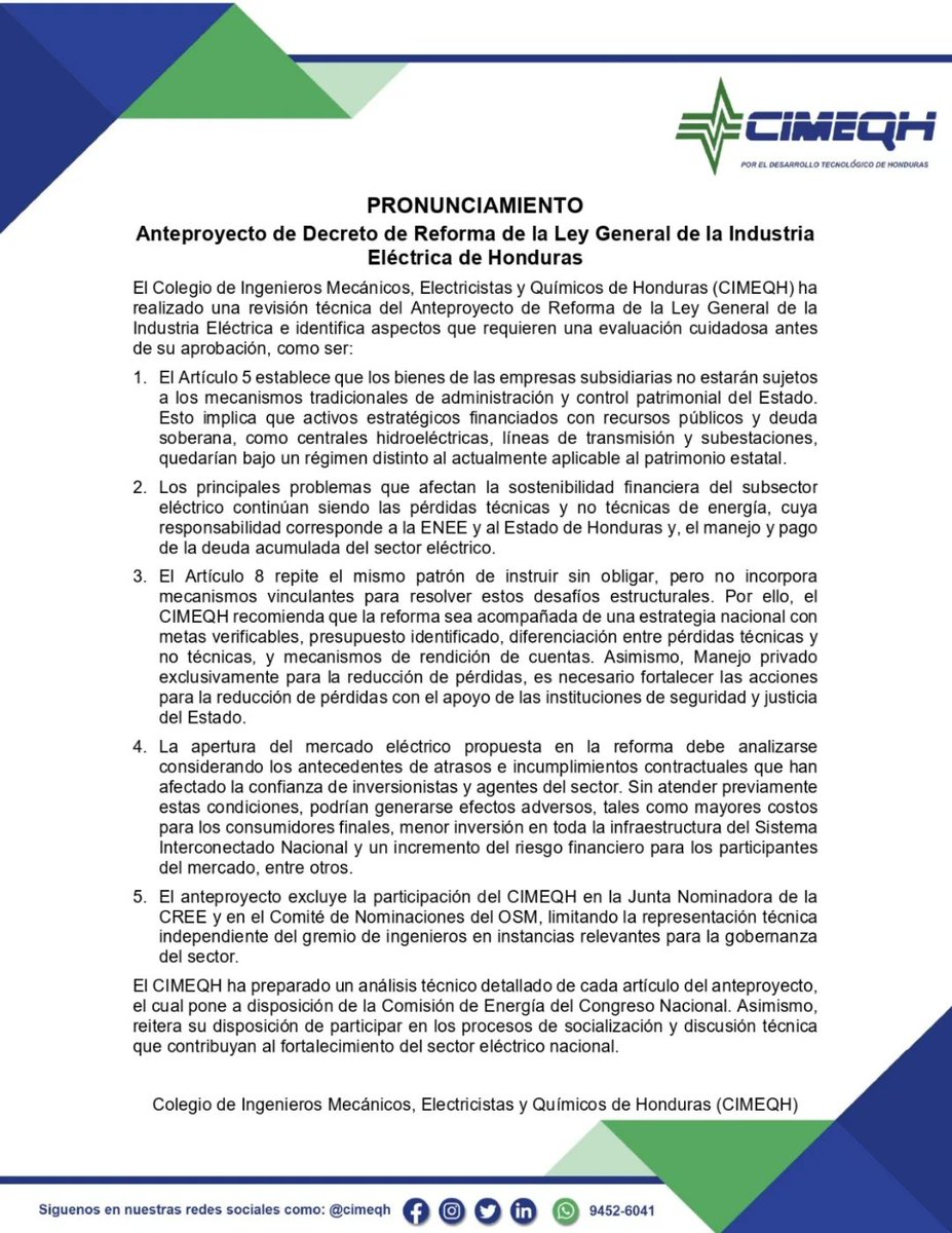 CIMEQH's tweet photo. El CIMEQH comparte su Pronunciamiento sobre el Anteproyecto de Decreto de Reforma de la Ley General de la Industria Eléctrica de Honduras.
Luego de una revisión técnica del documento, se presentan observaciones y recomendaciones sobre aspectos clave de la propuesta de reforma, https://t.co/MzmSMfeypw