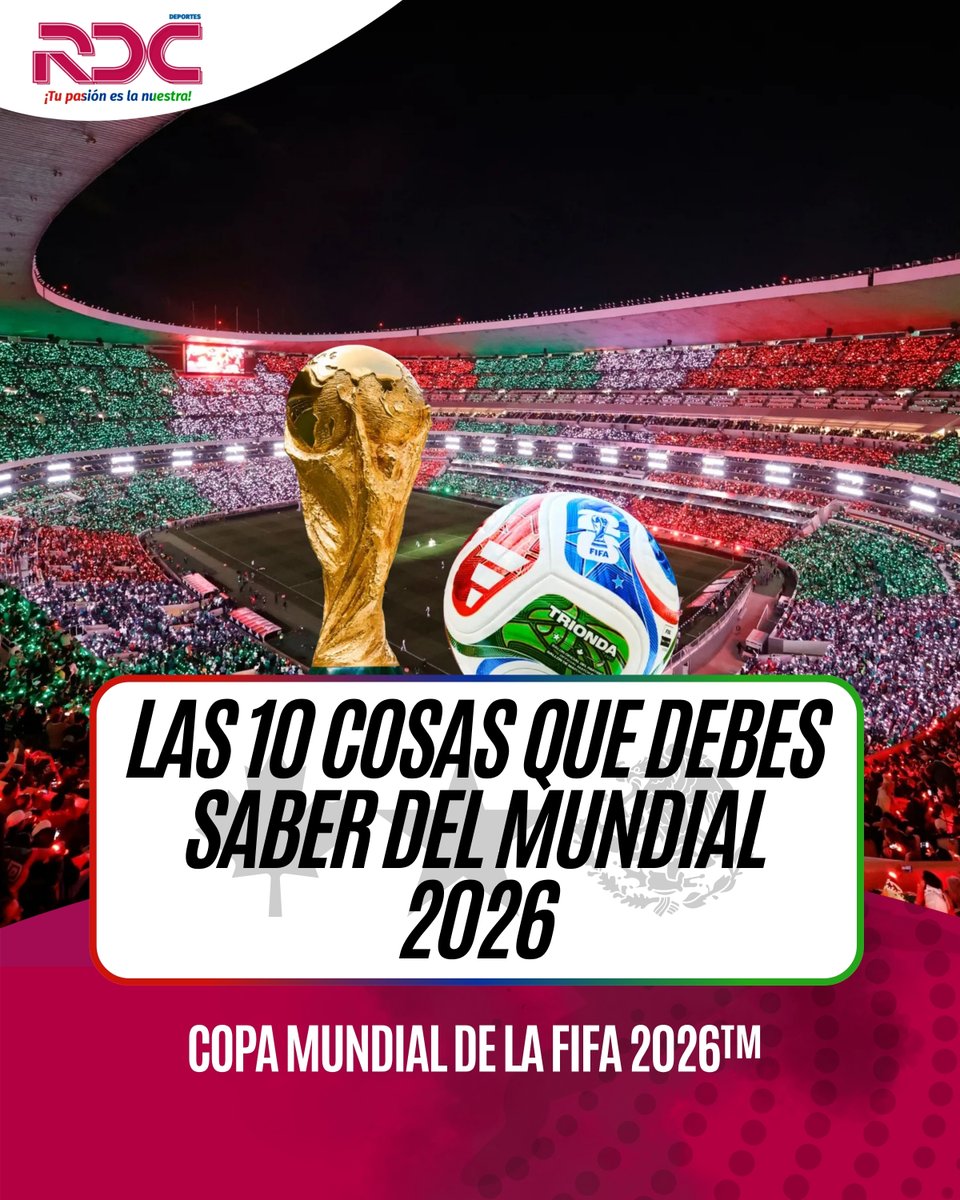 Rdc_Deportes's tweet photo. LAS 10 COSAS QUE DEBES SABER DEL MUNDIAL 2026
.
El Mundial 2026 marcará un antes y un después en la historia del fútbol. La cita planetaria que se disputará en Estados Unidos, México y Canadá no solo reunirá a las mejores selecciones del mundo, sino que romperá récords en casi todos los aspectos. Desde el aumento de participantes hasta sedes históricas, estas son las 10 cosas que debes saber sobre la Copa del Mundo que promete cambiarlo todo.
.
1. SERÁ EL MUNDIAL MÁS GRANDE DE TODOS LOS TIEMPOS
Por primera vez participarán 48 selecciones, dejando atrás el formato tradicional de 32 equipos que se utilizó desde Francia 1998.
.
2. SE JUGARÁN 104 PARTIDOS
La expansión del torneo hará que el calendario pase de 64 encuentros a 104, una cifra nunca antes vista. Serán 12 grupos de a cuatro selecciones.
.
3. TRES PAÍSES SERÁN ANFITRIONES
Estados Unidos, México y Canadá compartirán la organización, siendo la primera vez que tres naciones albergan una Copa del Mundo.
.
4. HABRÁ 16 CIUDADES SEDE
Están distribuidas en Norteamérica, convirtiéndose en uno de los eventos deportivos más extensos en términos geográficos.
.
5. MÉXICO HACE HISTORIA
México se convertirá en el primer país en recibir partidos de tres Copas del Mundo diferentes, tras haber sido sede en 1970, 1986 y ahora en 2026.
.
6. APARECE UNA NUEVA FASE DE ELIMINATORIAS
El torneo incorporará una ronda de dieciseisavos (32 equipos), lo que aumentará el número de partidos de eliminación directa y las posibilidades de sorpresas. La mayor cantidad de partidos origina expectativa.
.
7. LOS TERCEROS TENDRÁN SU OPORTUNIDAD
Además de los dos primeros de cada grupo, los ocho mejores terceros clasificarán a la siguiente fase, manteniendo la emoción hasta la última jornada. Avanzan de acuerdo a los puntos y a la diferencia de gol.
.
8. DURARÁ MÁS DE UN MES
El Mundial se disputará entre el 11 de junio y el 19 de julio de 2026, con una duración de 39 días de competencia. Es también hasta el momento el torneo de selecciones más largo que se dio.
.
9. LA FINAL SERÁ EN NUEVA YORK/NUEVA JERSEY
El partido que definirá al nuevo campeón del mundo se jugará en el MetLife Stadium, el 19 de julio, uno de los escenarios deportivos más imponentes de Estados Unidos. Tiene una capacidad para 82.500 espectadores.
.
10. HABRÁ UNA CIFRA RÉCORD DE ESPECTADORES
Un total de 1.248 jugadores formarán parte del torneo, otro registro histórico que refleja la magnitud de esta edición.
.
El Mundial que cambiará la historia
Más selecciones, más partidos, más ciudades y más emociones. El Mundial 2026 no solo definirá al próximo campeón del planeta, sino que inaugurará una nueva era para el fútbol mundial. Todo apunta a que será la Copa del Mundo más espectacular, extensa y ambiciosa jamás organizada.
.
Periodista: Alejandra Chimba Balcázar
Arte: Jesús Alexander Saravia Aguilera
.
#RDCDeportes
#TuPasiónEsLaNuestra
#RDCMundial #Mundial2026
#LaTravesía #México #Canadá
#EEUU #USA #EstadosUnidos