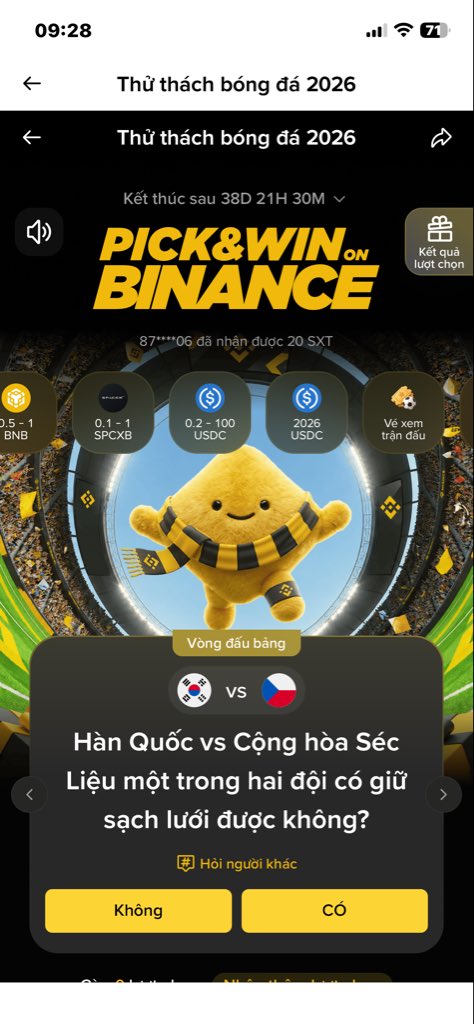 Tinguyen1903's tweet photo. Sự kiện Binance (Pick & Win 2026)
•Dự đoán kết quả trận đấu bóng đá trên ứng dụng Binance để nhận thưởng.
• Phần thưởng: BNB, USDC, token SPCXB và vé xem trận đấu.
• Điểm nhấn: Giải thưởng lên tới 2026 USDC, còn 38 ngày để tham gia.
#Binance #PickAndWin #FootballChallenge2026 #Crypto