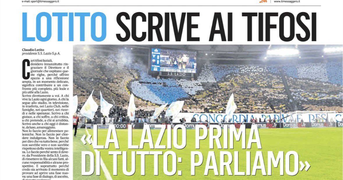 capuanogio's tweet photo. ✍️ Lunga lettera di #Lotito ai tifosi della #Lazio per chiedere di riprendere il dialogo superando le contrapposizioni. Sul Messaggero il presidente riconosce gli errori nel rapporto con il pubblico ma rivendica anche vent’anni di lavoro e indica le strategie future. https://t.co/S4uicaVeRw