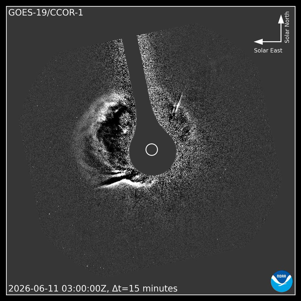 Vincent_Ledvina's tweet photo. Here we go again! A C6.5 from AR 4465 has generated a FULL HALO CME with likely Earth-directed components. It could graze Earth in the coming days, and we will know more about timing once models are released. https://t.co/eVQ3P4O7Fu